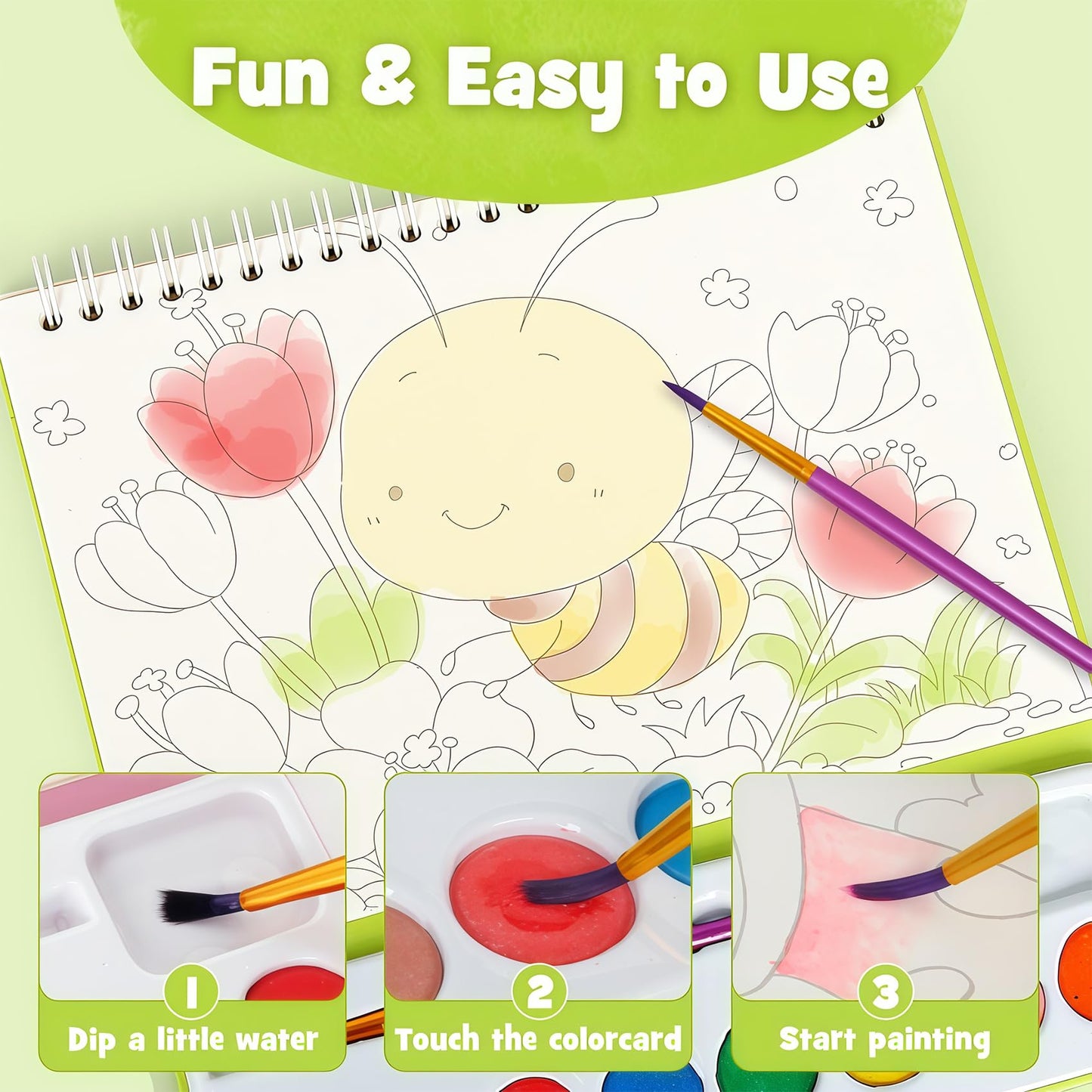 JCREN Paint with Water Books for Kids – Mess-Free Watercolor Painting Set with Animal Patterns