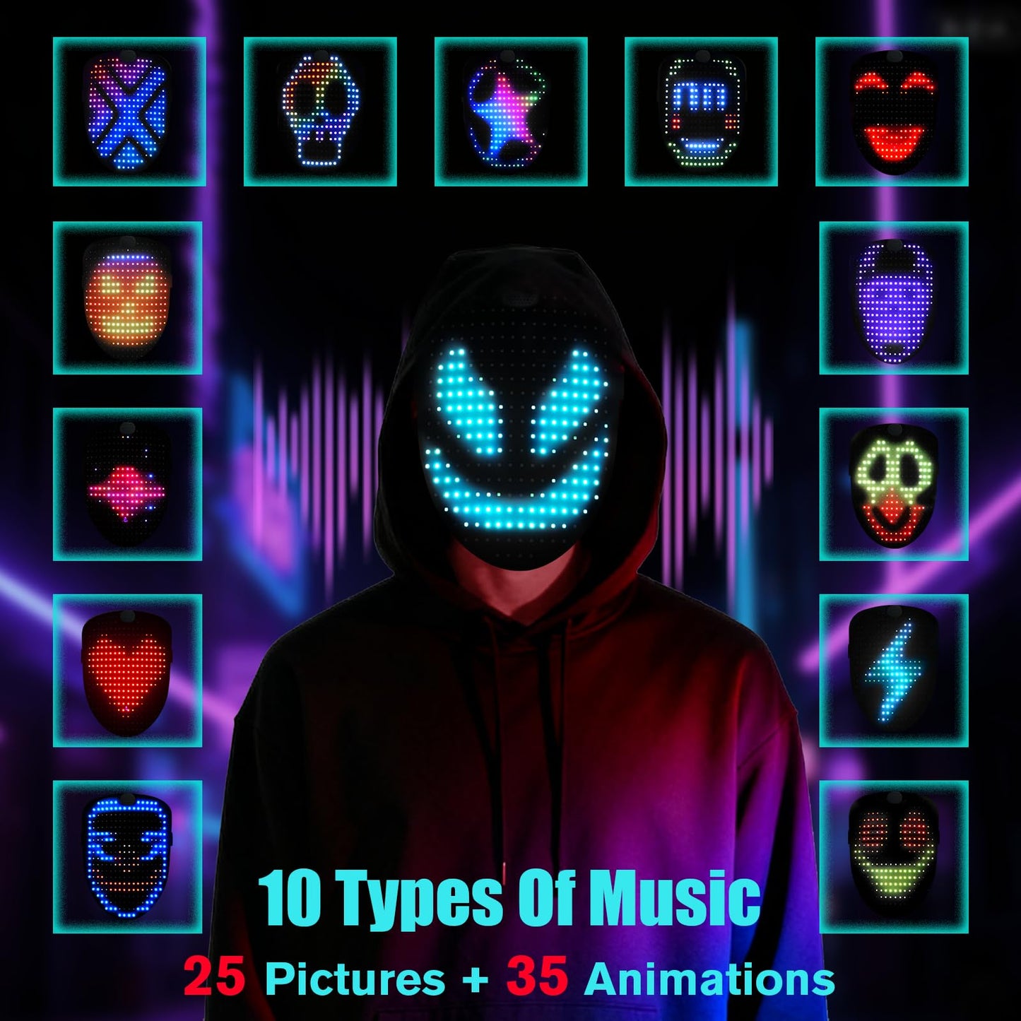 JDBMAOYE LED Mask with Gesture Sensing and Sound Effects – 60 Patterns for Halloween and Cosplay