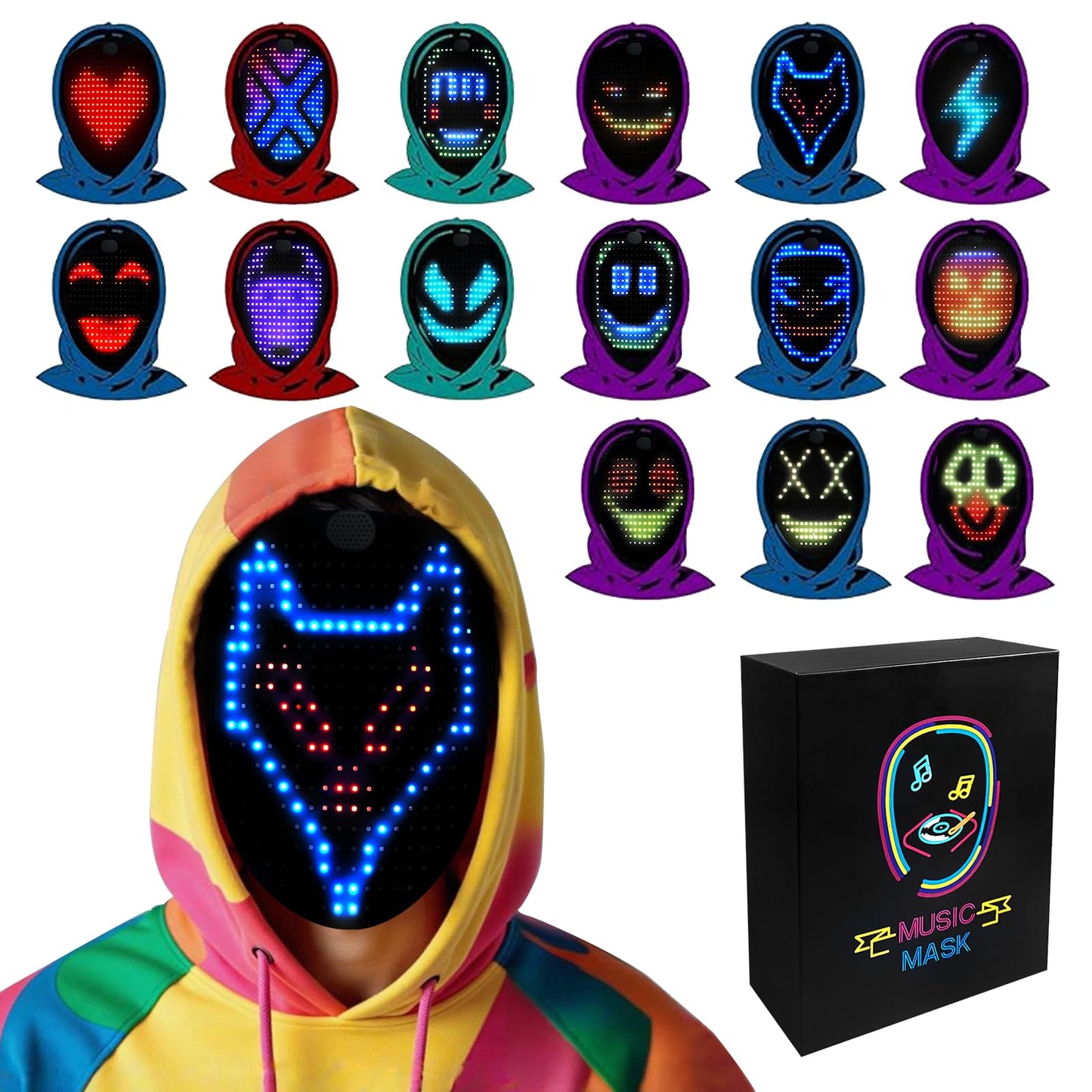 JDBMAOYE LED Mask with Gesture Sensing and Sound Effects – 60 Patterns for Halloween and Cosplay