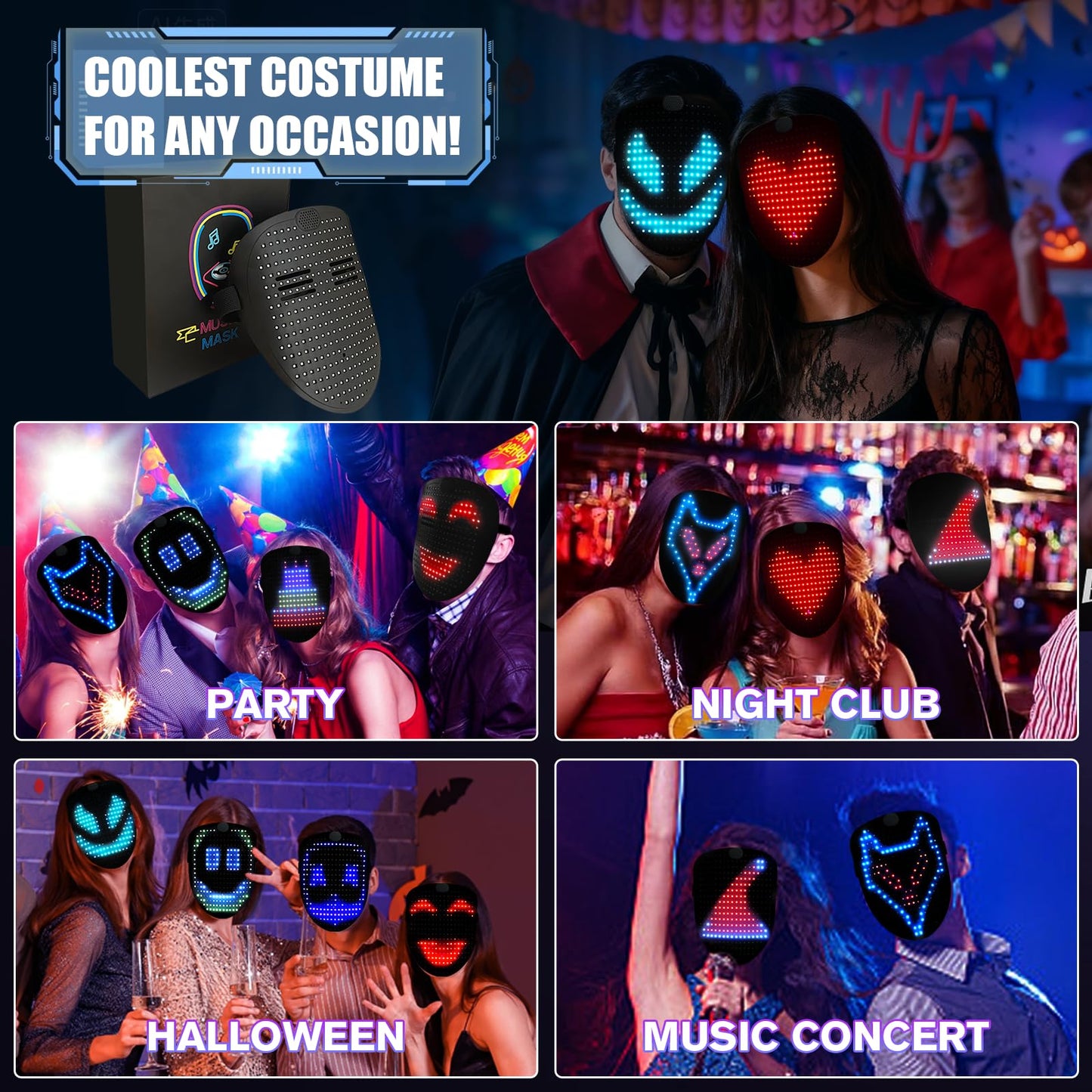 JDBMAOYE LED Mask with Gesture Sensing and Sound Effects – 60 Patterns for Halloween and Cosplay