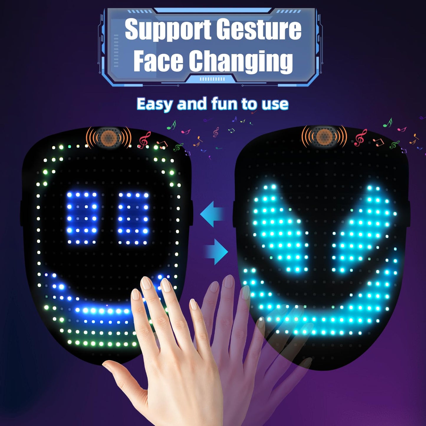 JDBMAOYE LED Mask with Gesture Sensing and Sound Effects – 60 Patterns for Halloween and Cosplay
