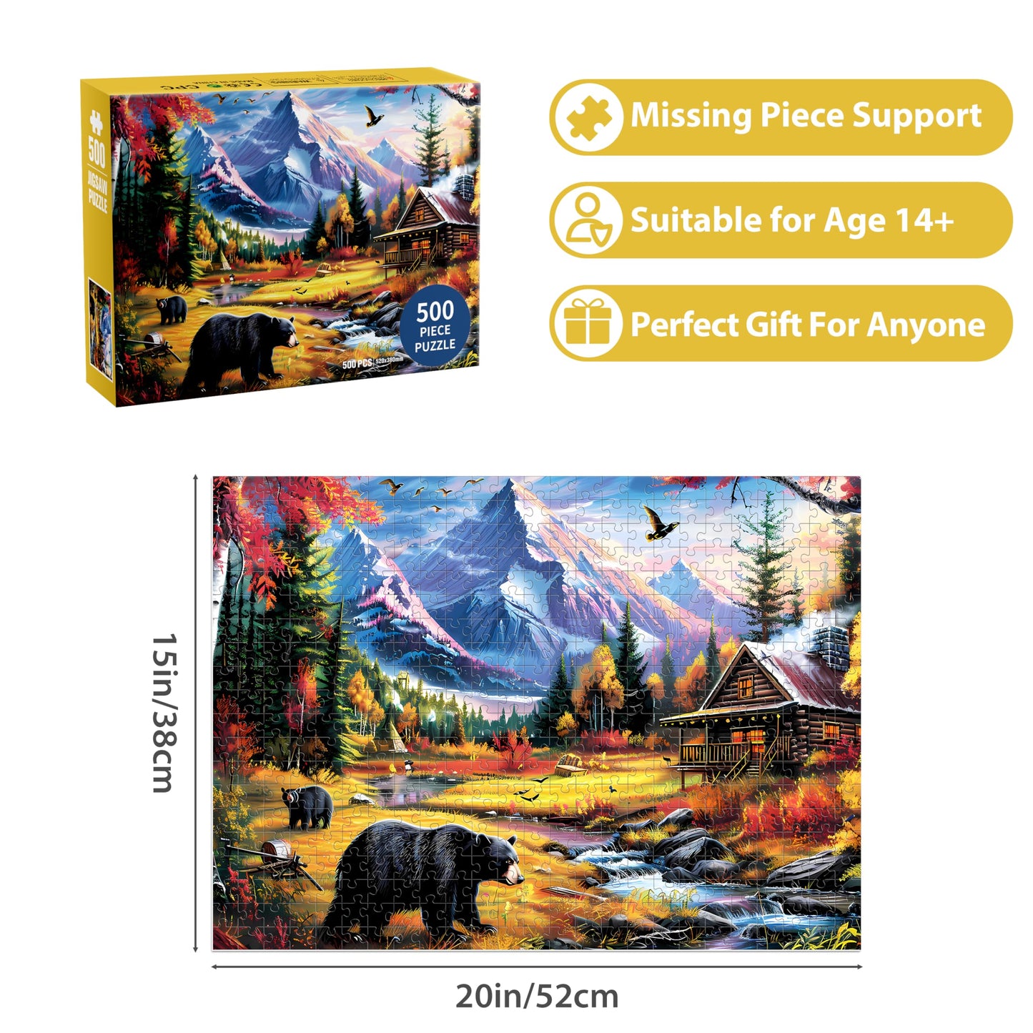 Jeacirio 500-Piece Bear Mountain Nature Puzzle – 20.5 x 15 in, Recycled Paperboard, Poster Included