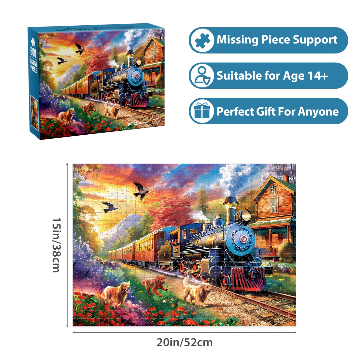 Jeacirio 500-Piece Dog Train Puzzle for Adults – 21x15 in, Includes Poster