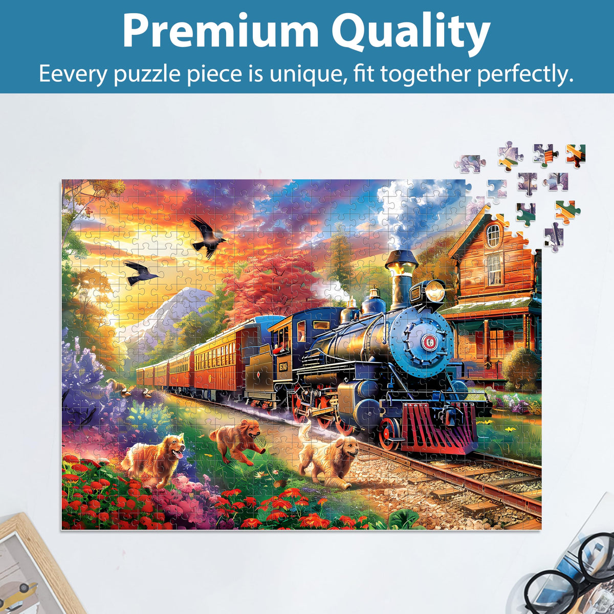 Jeacirio 500-Piece Dog Train Puzzle for Adults – 21x15 in, Includes Poster