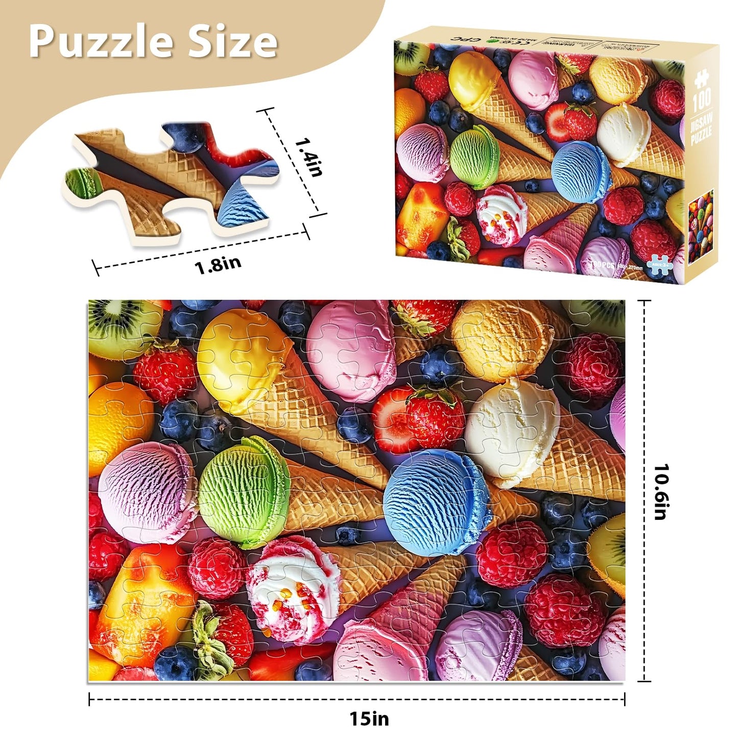 Jeacirio 100-Piece Ice Cream Puzzle – 11x15in Family Jigsaw for Kids 6-10 & Adults