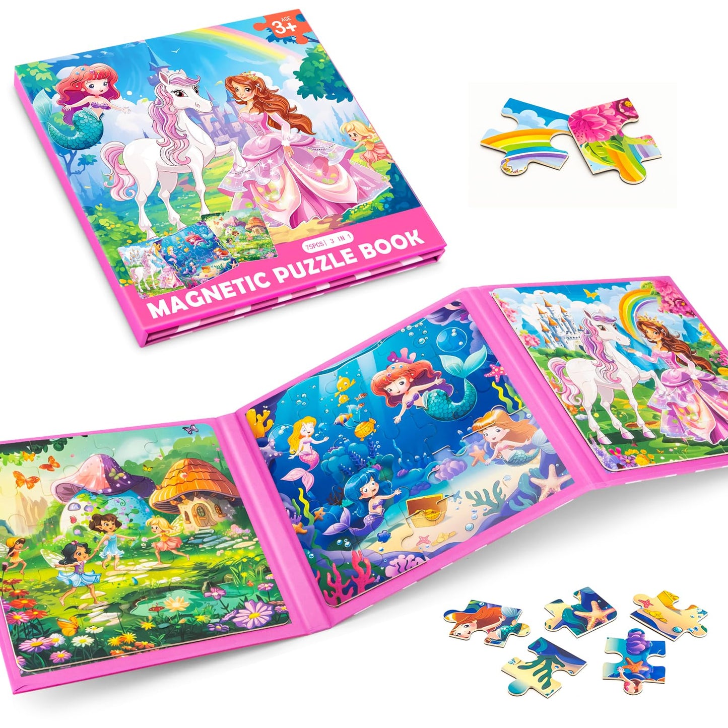 Jeacirio Princess Magnetic Mermaid Puzzles – 20/25/30 Piece Toddler Travel Toys for Girls, Ages 4-6