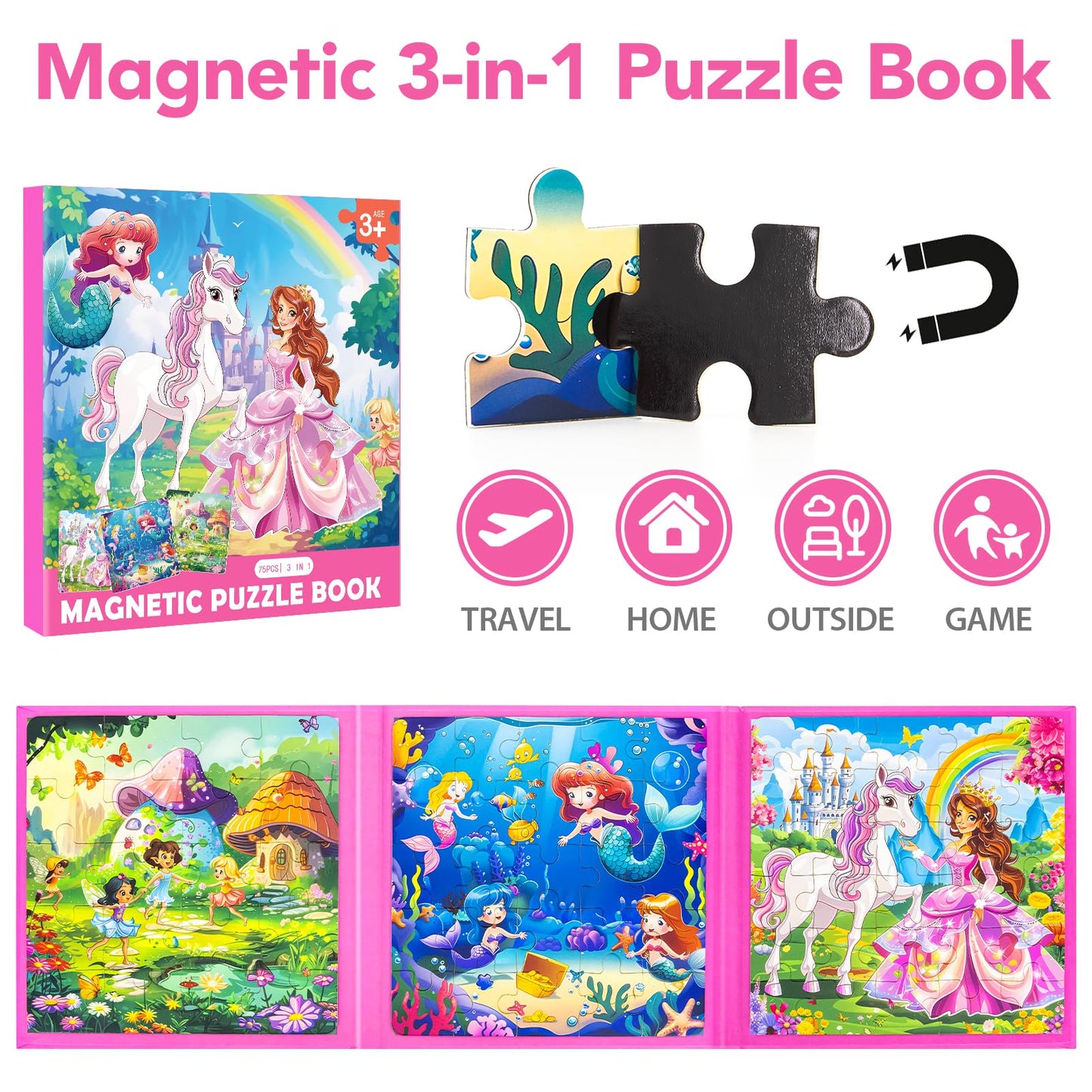 Jeacirio Princess Magnetic Mermaid Puzzles – 20/25/30 Piece Toddler Travel Toys for Girls, Ages 4-6