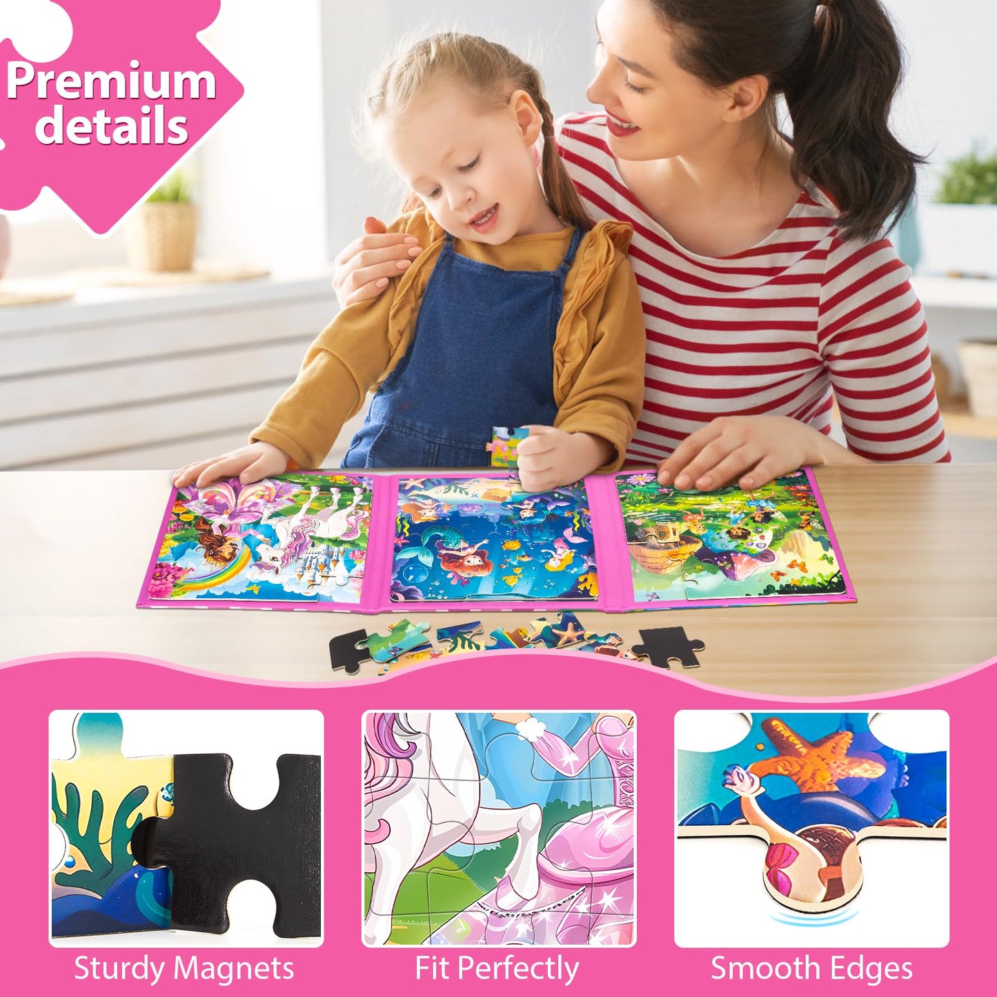 Jeacirio Princess Magnetic Mermaid Puzzles – 20/25/30 Piece Toddler Travel Toys for Girls, Ages 4-6