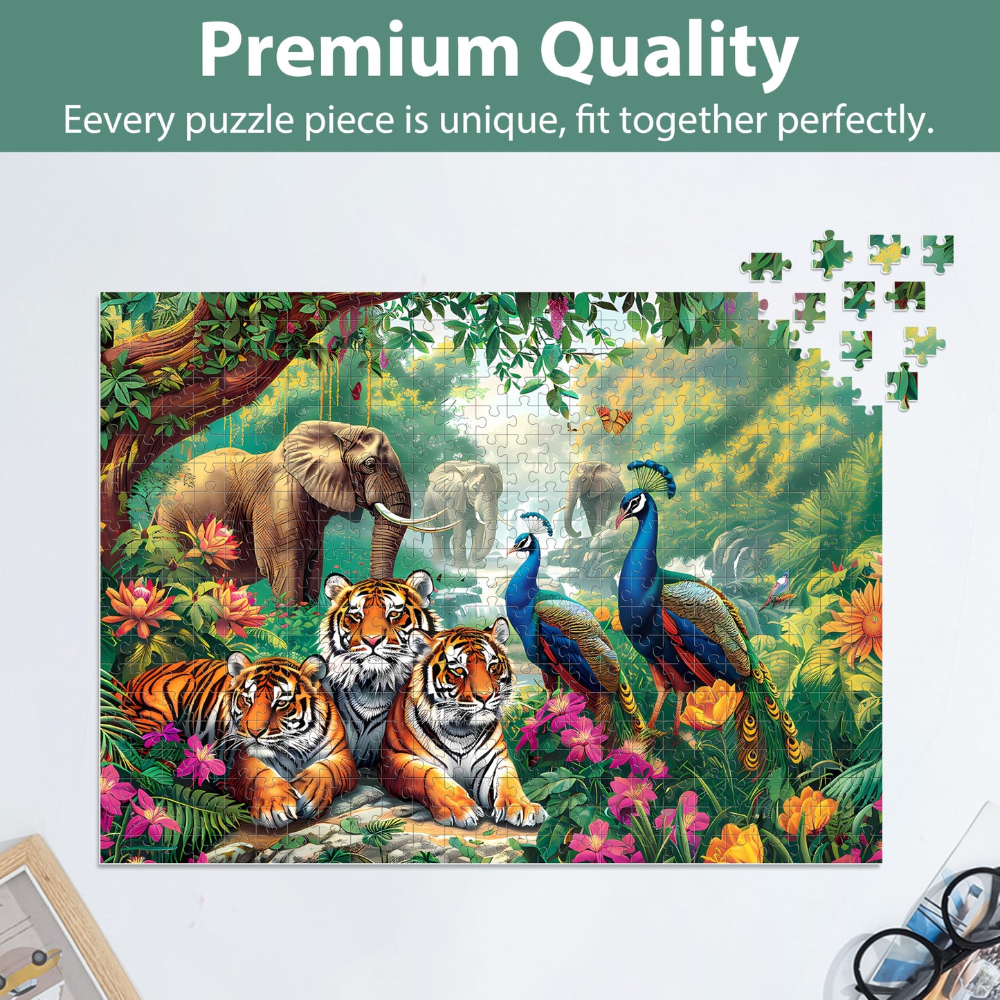 Jeacirio 500-Piece Animal Jigsaw Puzzles – Elephant, Tiger, Peacock | Family Gift & Home Decor (20.5 x 15 in)