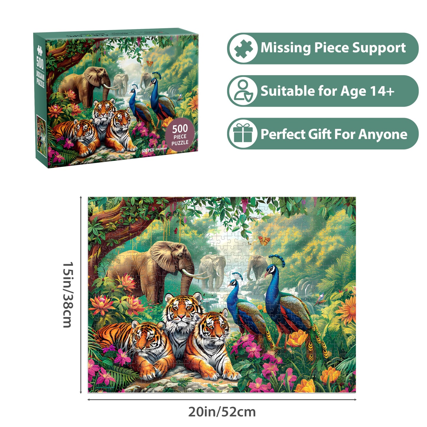 Jeacirio 500-Piece Animal Jigsaw Puzzles – Elephant, Tiger, Peacock | Family Gift & Home Decor (20.5 x 15 in)