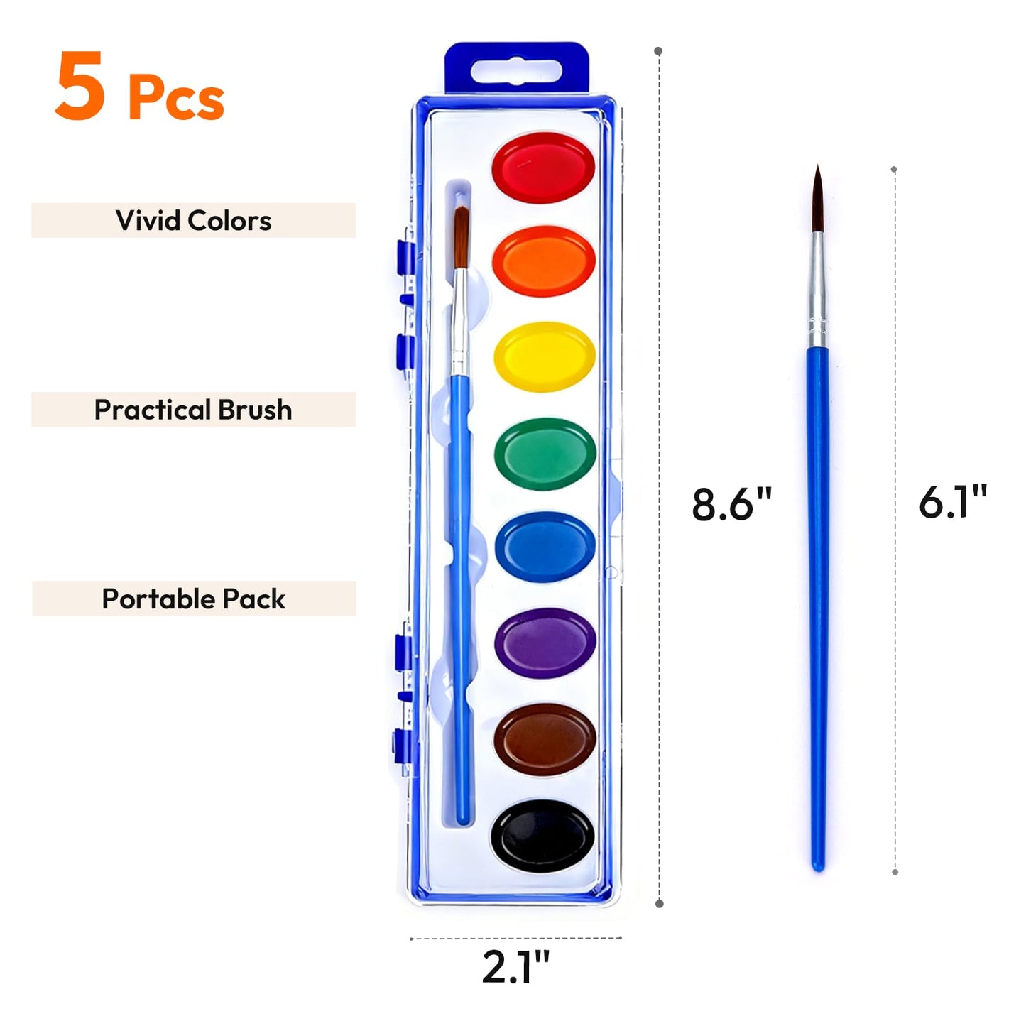 JEAWIWI Watercolor Paint Sets — 5-Pack, 8 Washable Colors + Brush for Classroom & Party Crafts