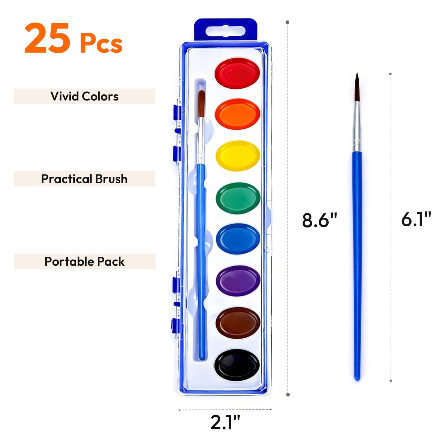JEAWIWI Watercolor Paint Sets – 25-Pack Bulk, 8 Washable Colors & Brushes for Kids
