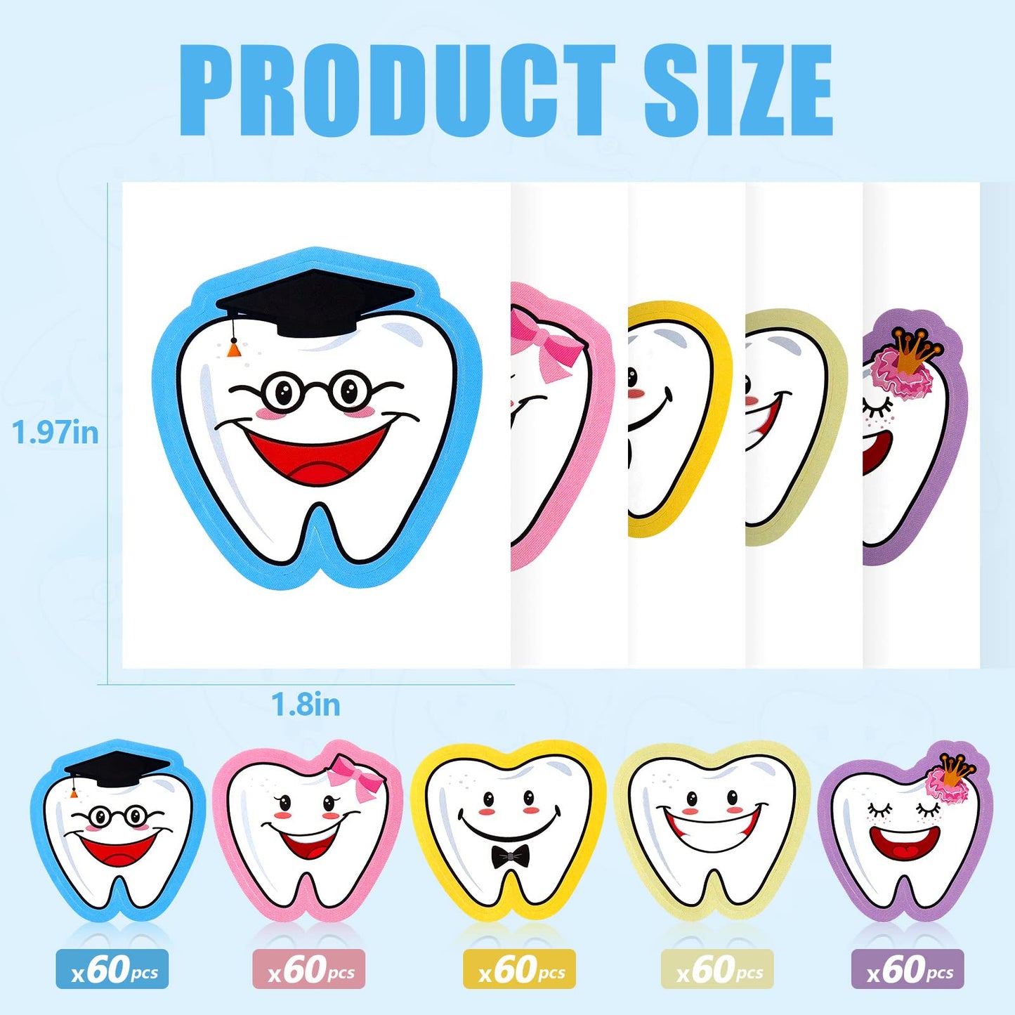 Jecery 300 Pcs Tooth Shaped Stickers – 5 Designs for Kids