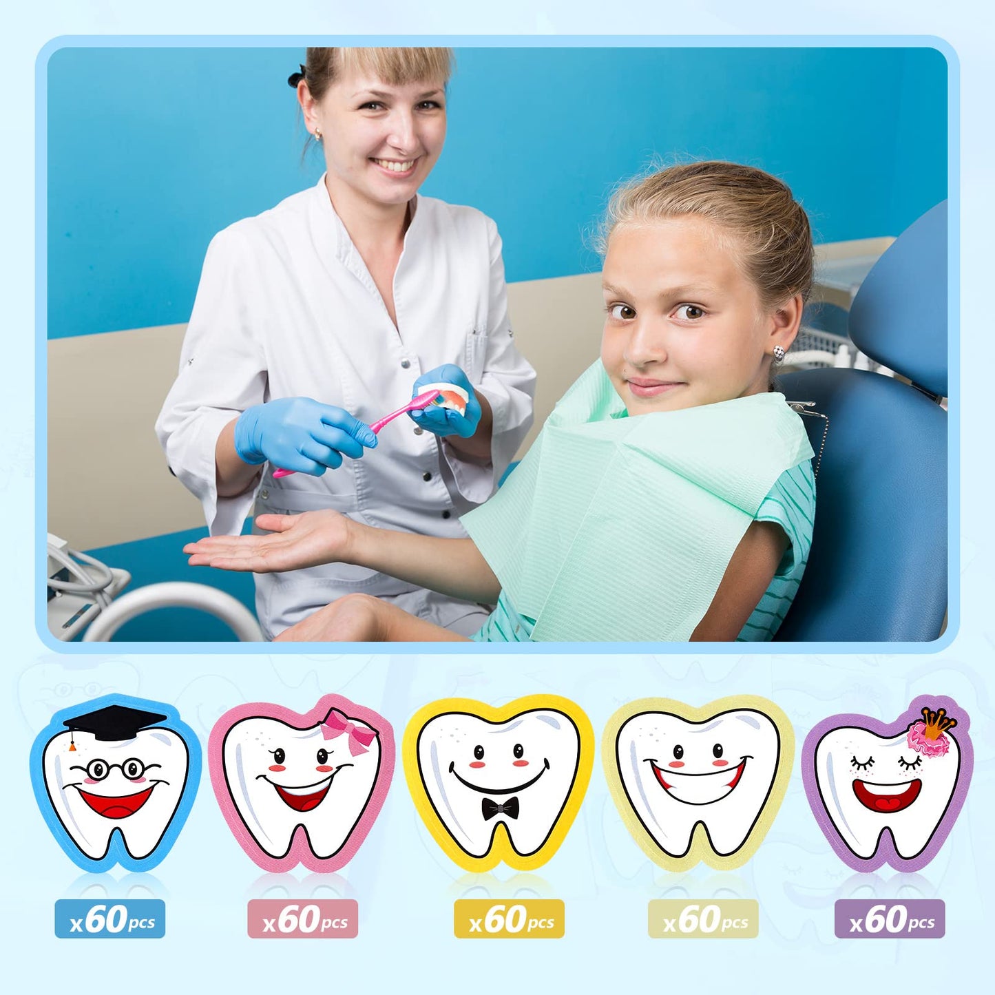 Jecery 300 Pcs Tooth Shaped Stickers – 5 Designs for Kids