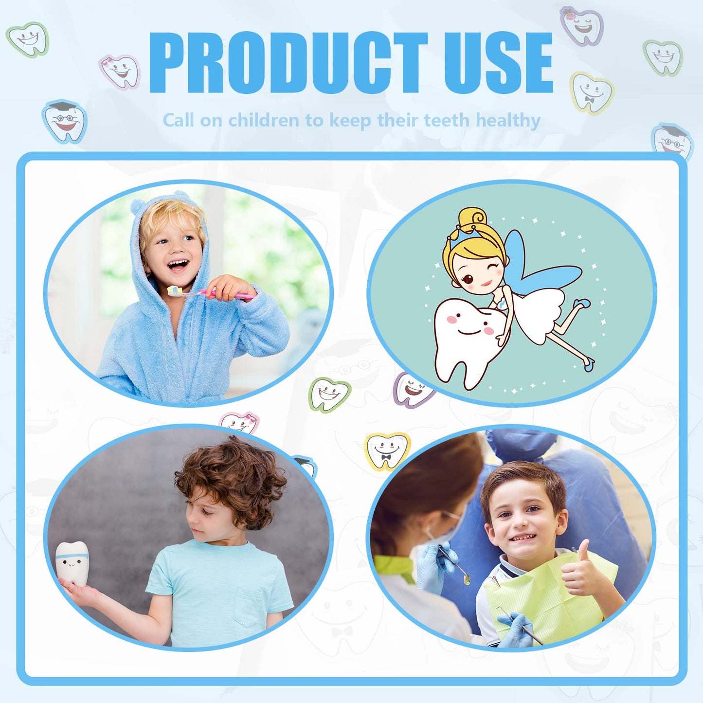 Jecery 300 Pcs Tooth Shaped Stickers – 5 Designs for Kids