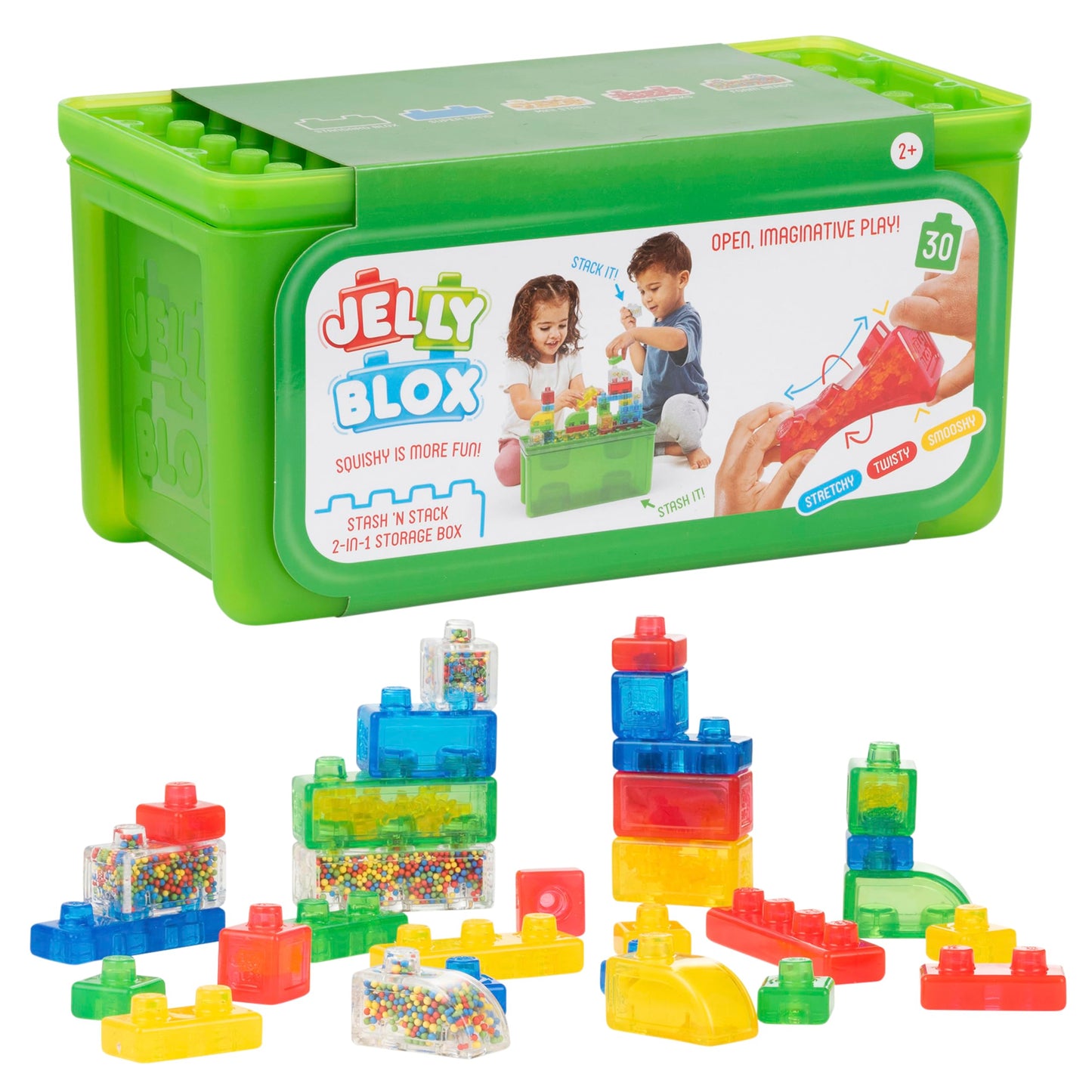 Jelly Blox Stash 'N Stack 2-in-1 Storage Case with 30 Blocks | Sensory Building Toys for Kids 2+