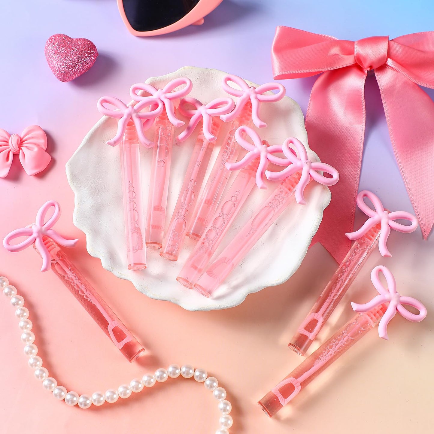 JellyArch 24 Pink Bow Mini Bubble Wands with Detachable Topper – Party Favors