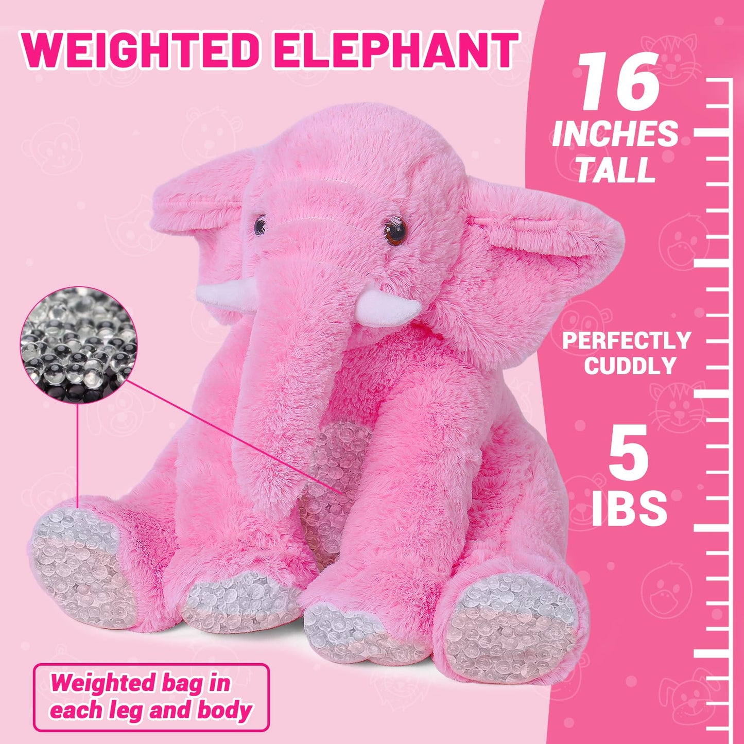 JellyMallow Elephant Weighted Plush — 16 Inch, 5 lb Pink Plush Pillow for Kids & Adults