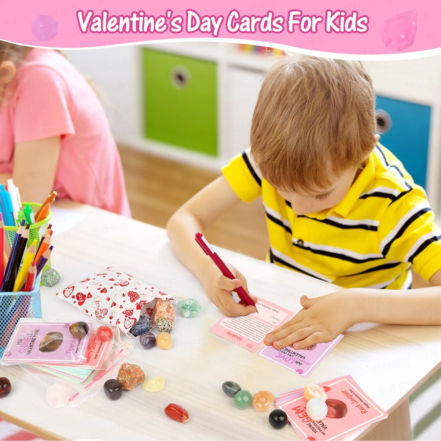JELMOK Valentines Day Cards for Kids — Bulk Class Exchange Cards with Crystals (Multicolour)