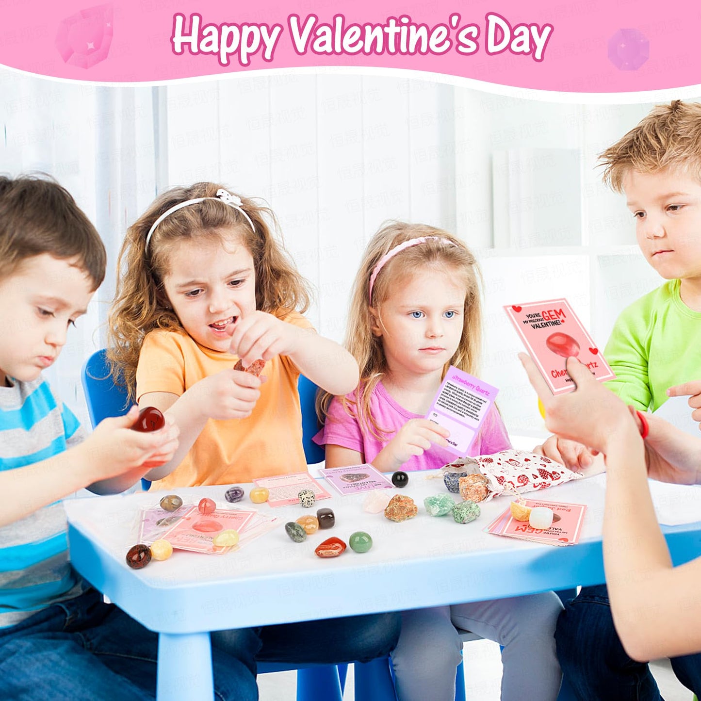 JELMOK Valentines Day Cards for Kids — Bulk Class Exchange Cards with Crystals (Multicolour)