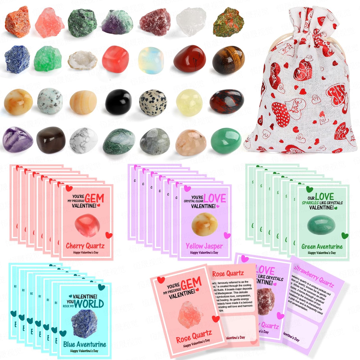 JELMOK Valentines Day Cards for Kids — Bulk Class Exchange Cards with Crystals (Multicolour)