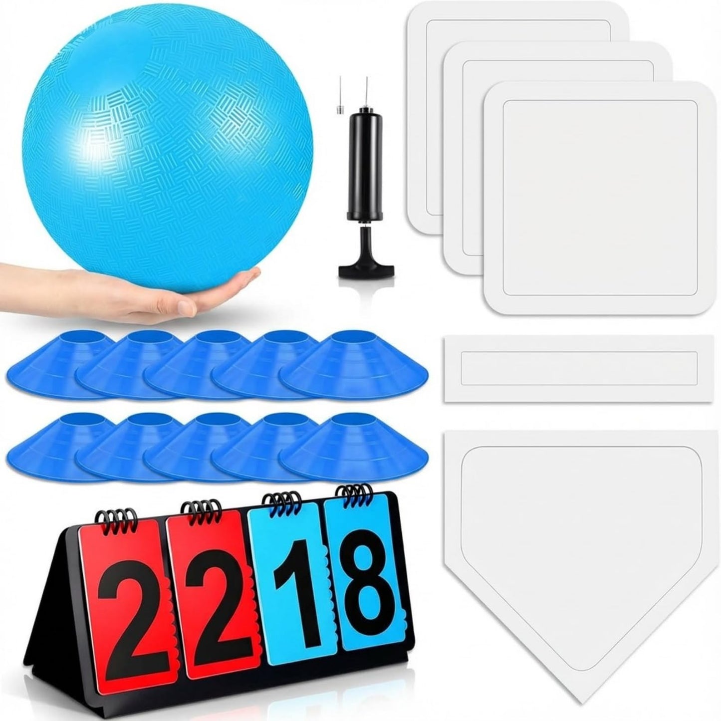 Jenaai 18-Piece Kickball Set | 10-Inch Playground Ball, Bases, Pump, Scoreboard & Cones