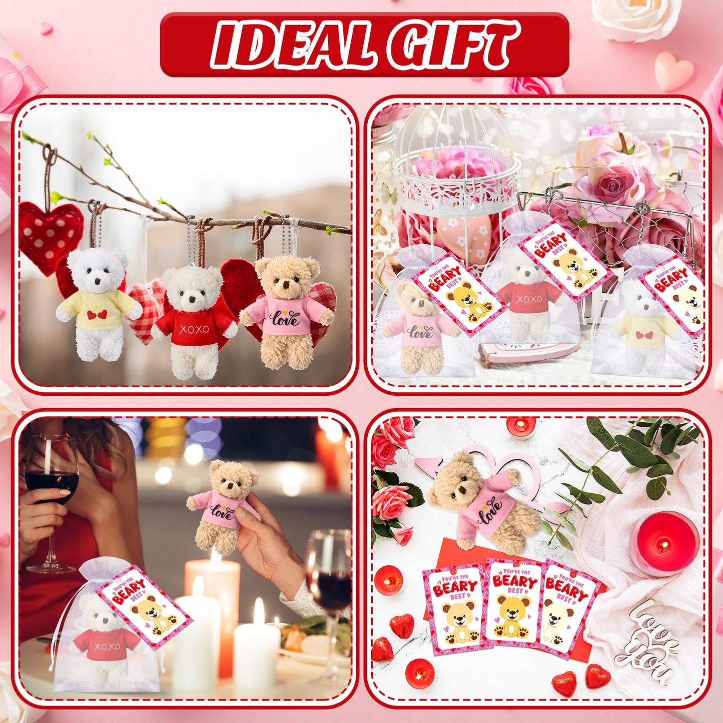 Jenaai 24-Set Valentine’s Day Mini Teddy Bears with Cards & Organza Bags