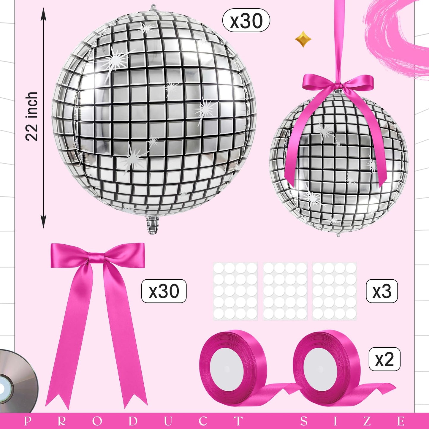 Jenaai 22-Inch Round Foil Balloons — 30-Pack with Satin Bows for Ceiling Decor (Disco)