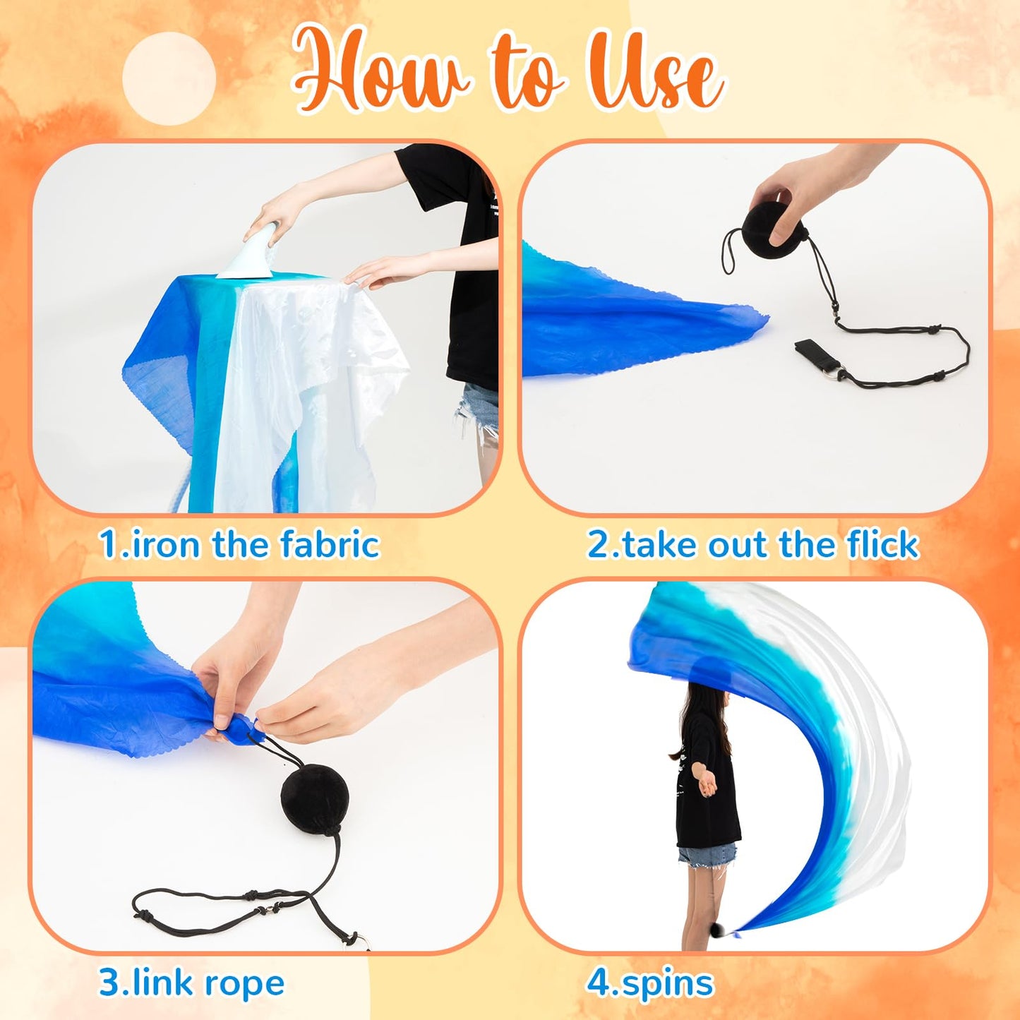 Jenaai Silk Veil Poi Streamers – 4 Sets Belly Dance Props, 78.74 x 31.5 in