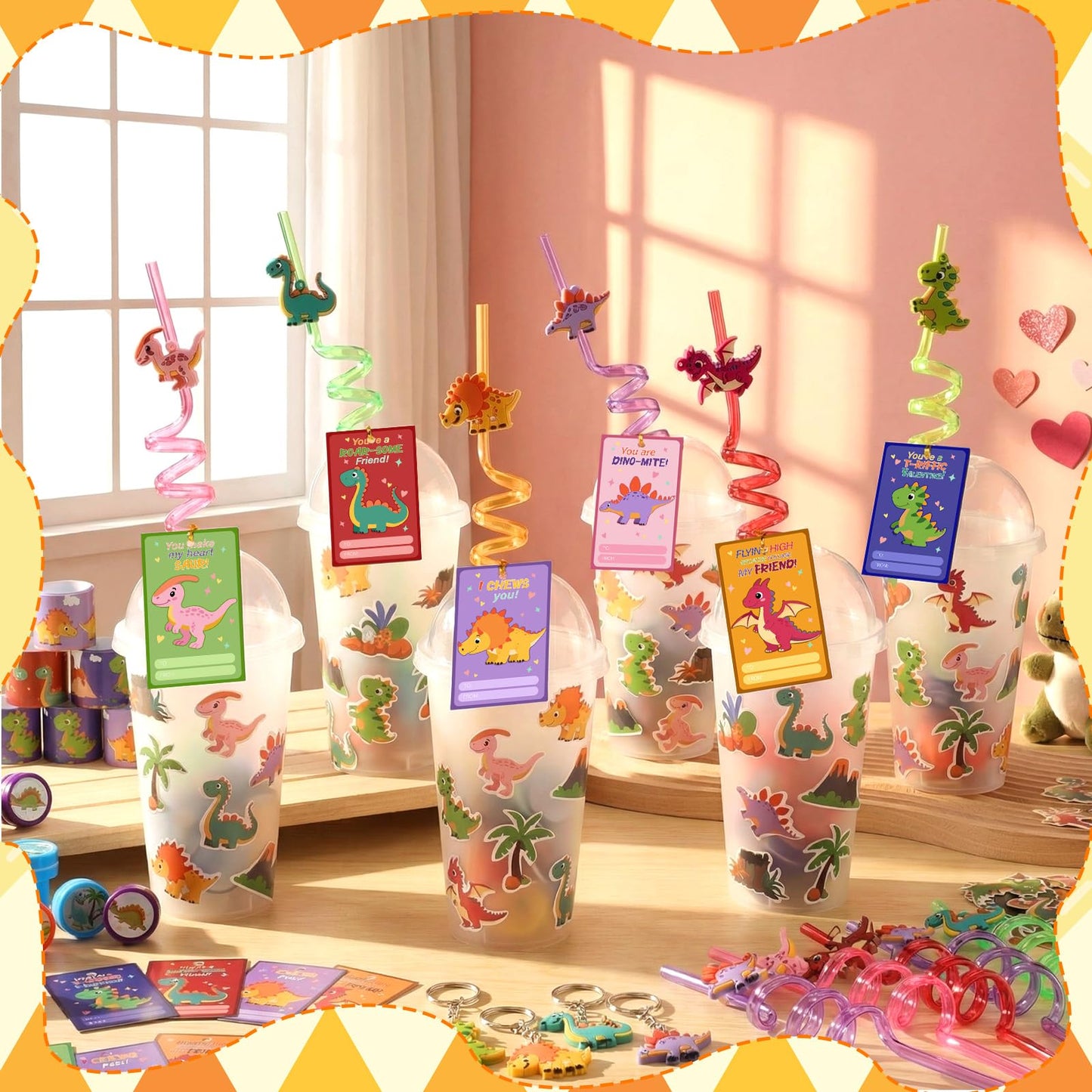 Jenaai 268 Pcs Valentines Day Gifts for Kids: Dinosaur Cups, Straws & More