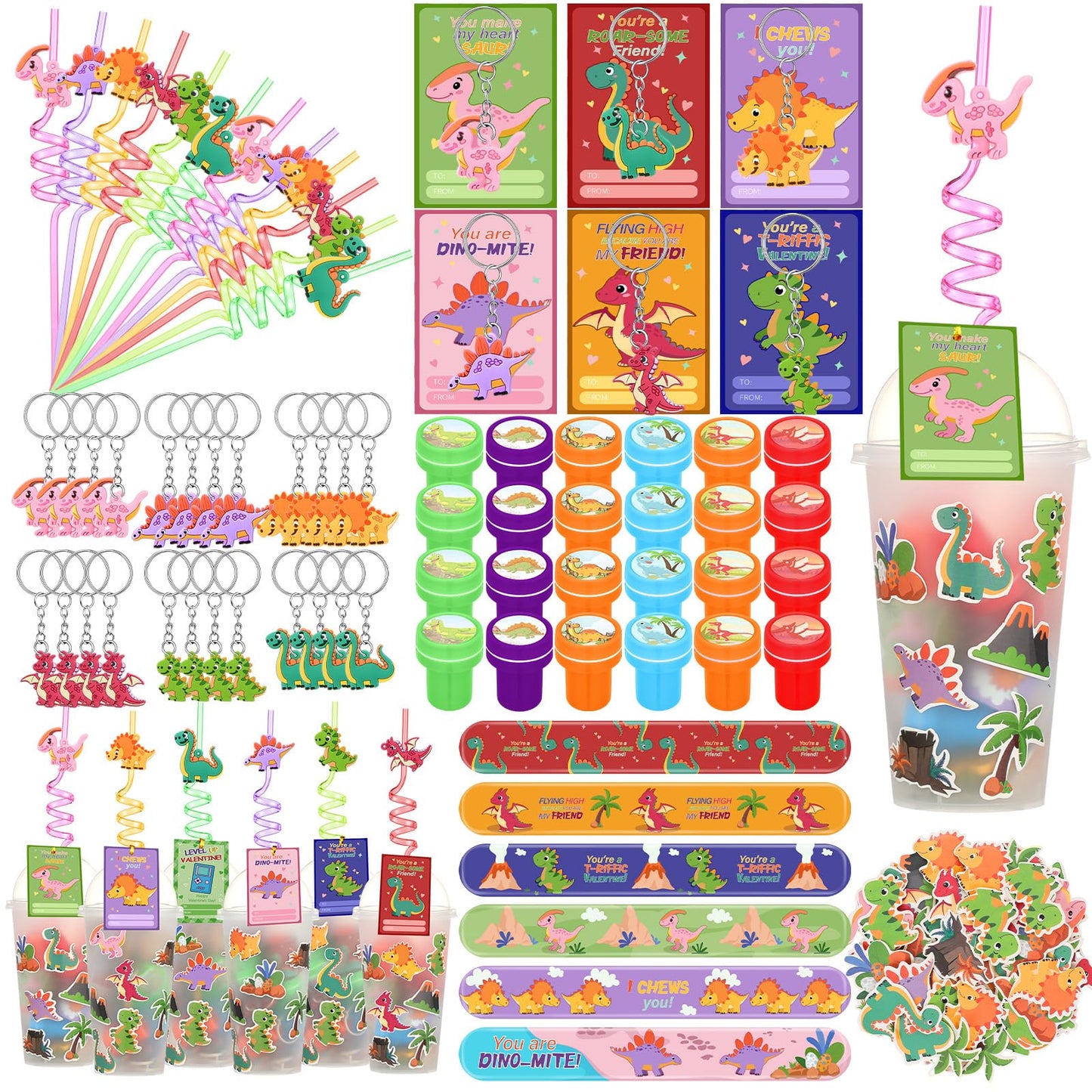 Jenaai 268 Pcs Valentines Day Gifts for Kids: Dinosaur Cups, Straws & More