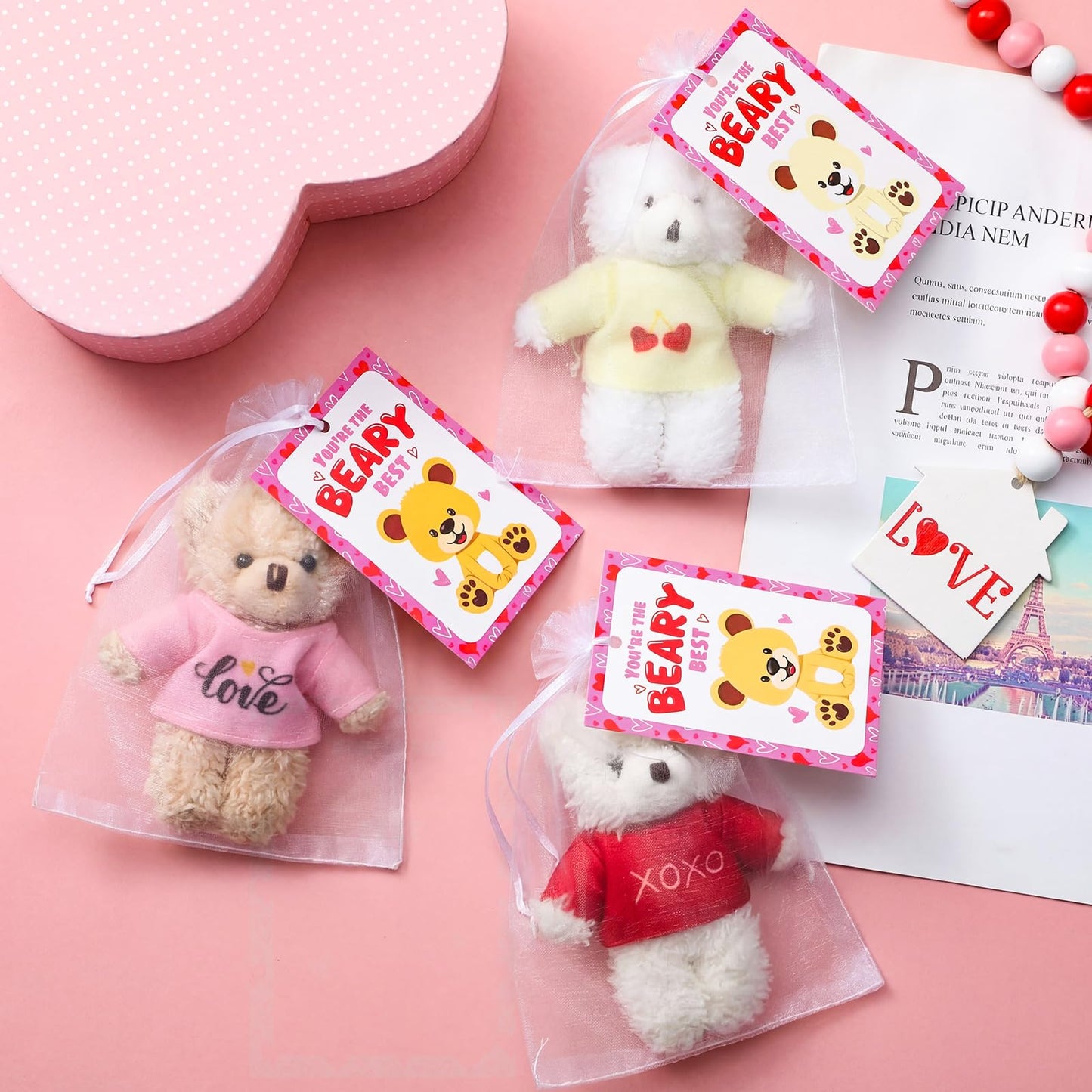 Jenaai 24-Set Valentine’s Day Mini Teddy Bears with Cards & Organza Bags