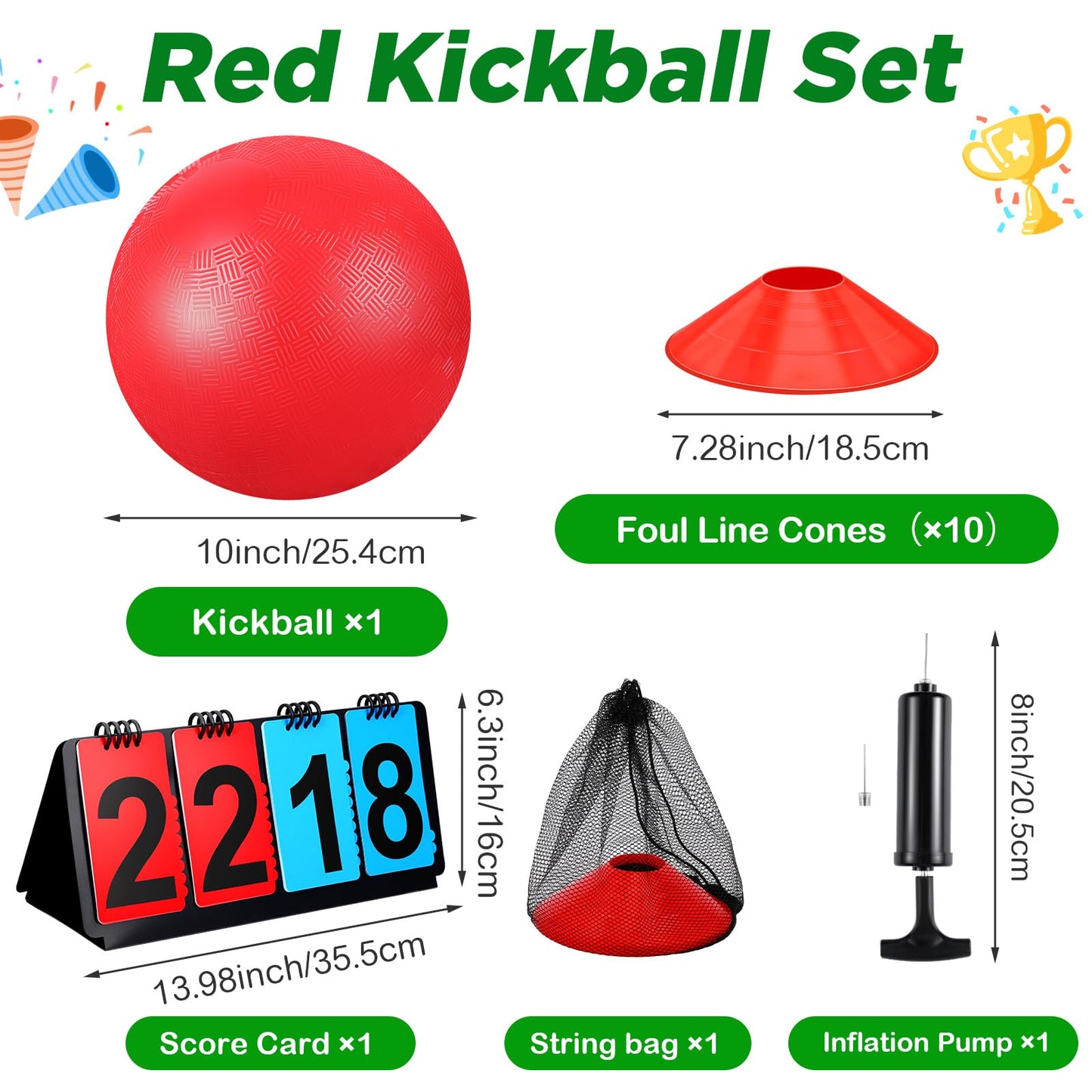 Jenaai 18 Pcs Sports Kickball Set – 10-Inch Ball, Rubber Bases, Pump, Scoreboard, Cones for Backyard & Park Play