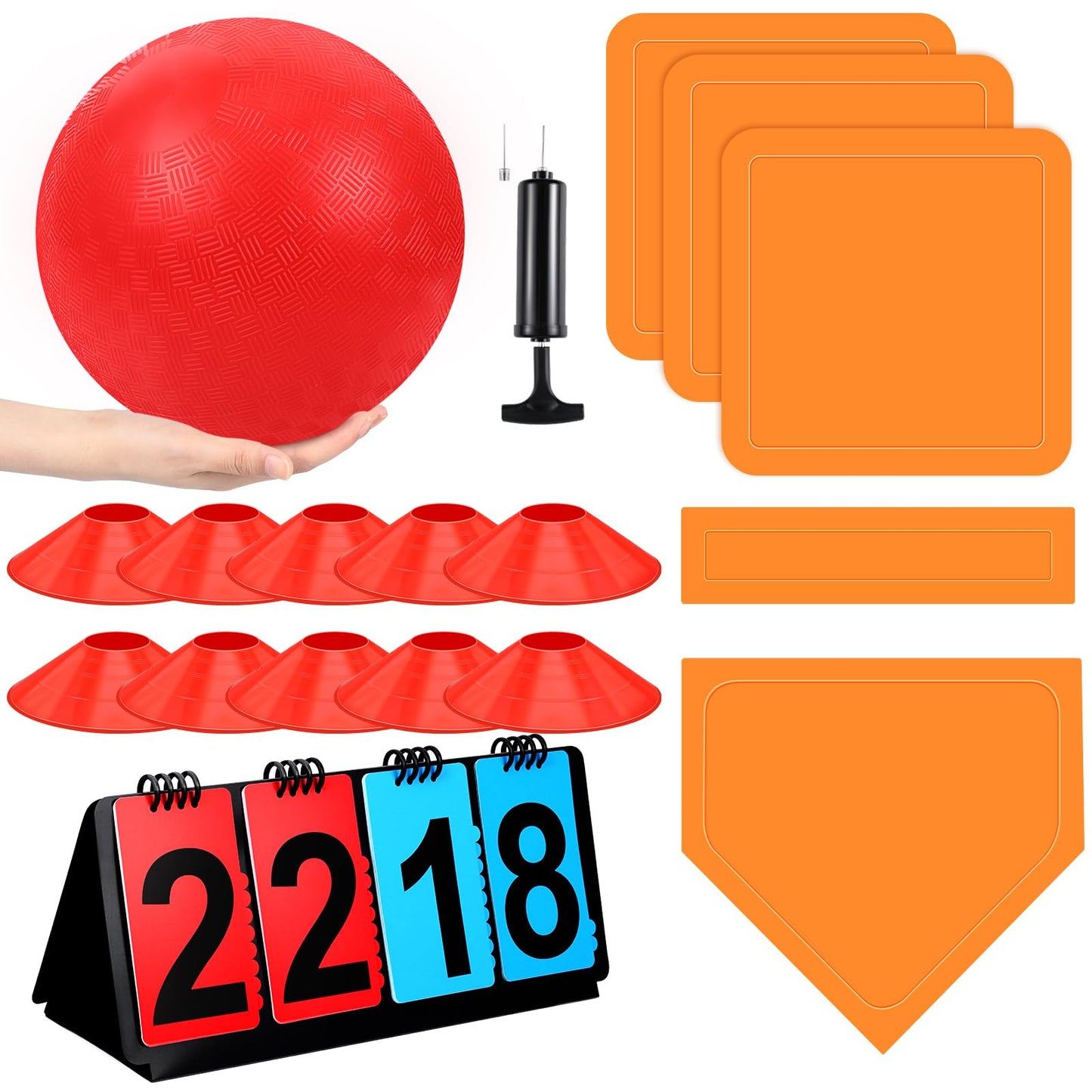 Jenaai 18 Pcs Sports Kickball Set – 10-Inch Ball, Rubber Bases, Pump, Scoreboard, Cones for Backyard & Park Play