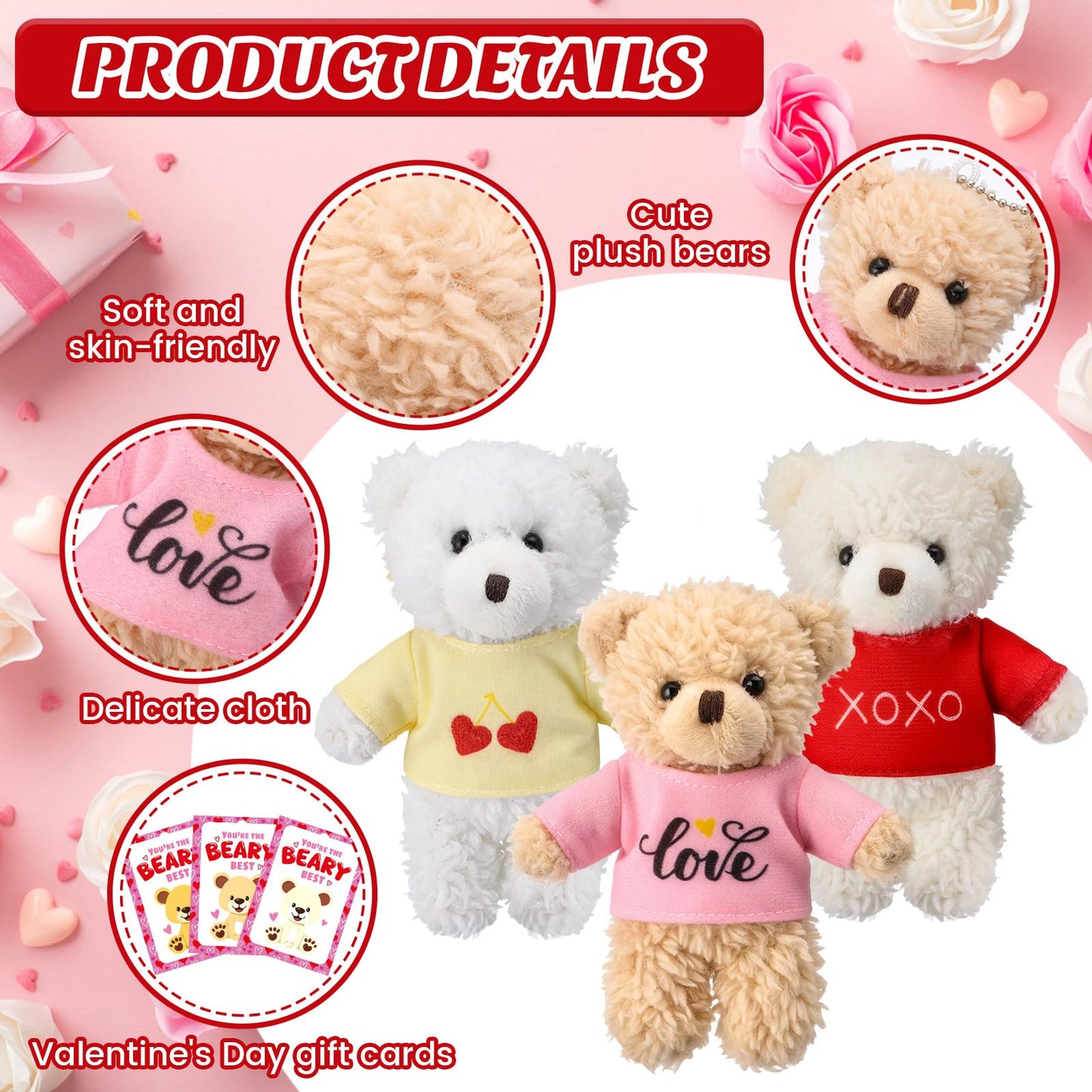 Jenaai 24-Set Valentine’s Day Mini Teddy Bears with Cards & Organza Bags