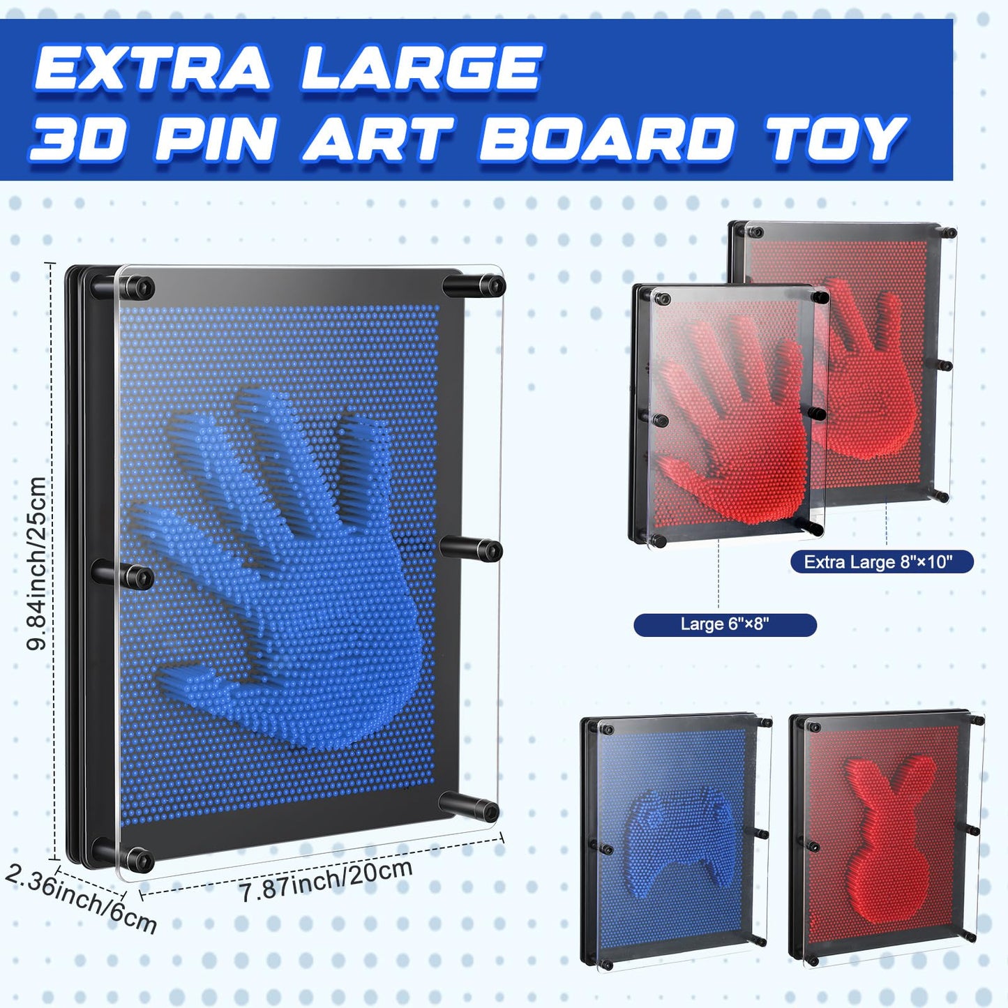 Jenaai 2 Pack Extra Large 3D Pin Art Board Toy 10x8 in – Sensory Fidget & Desk Decor (Red & Blue)