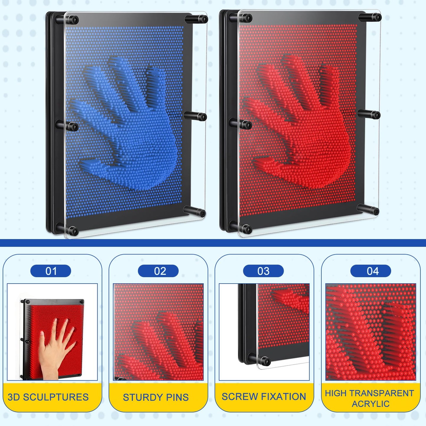 Jenaai 2 Pack Extra Large 3D Pin Art Board Toy 10x8 in – Sensory Fidget & Desk Decor (Red & Blue)