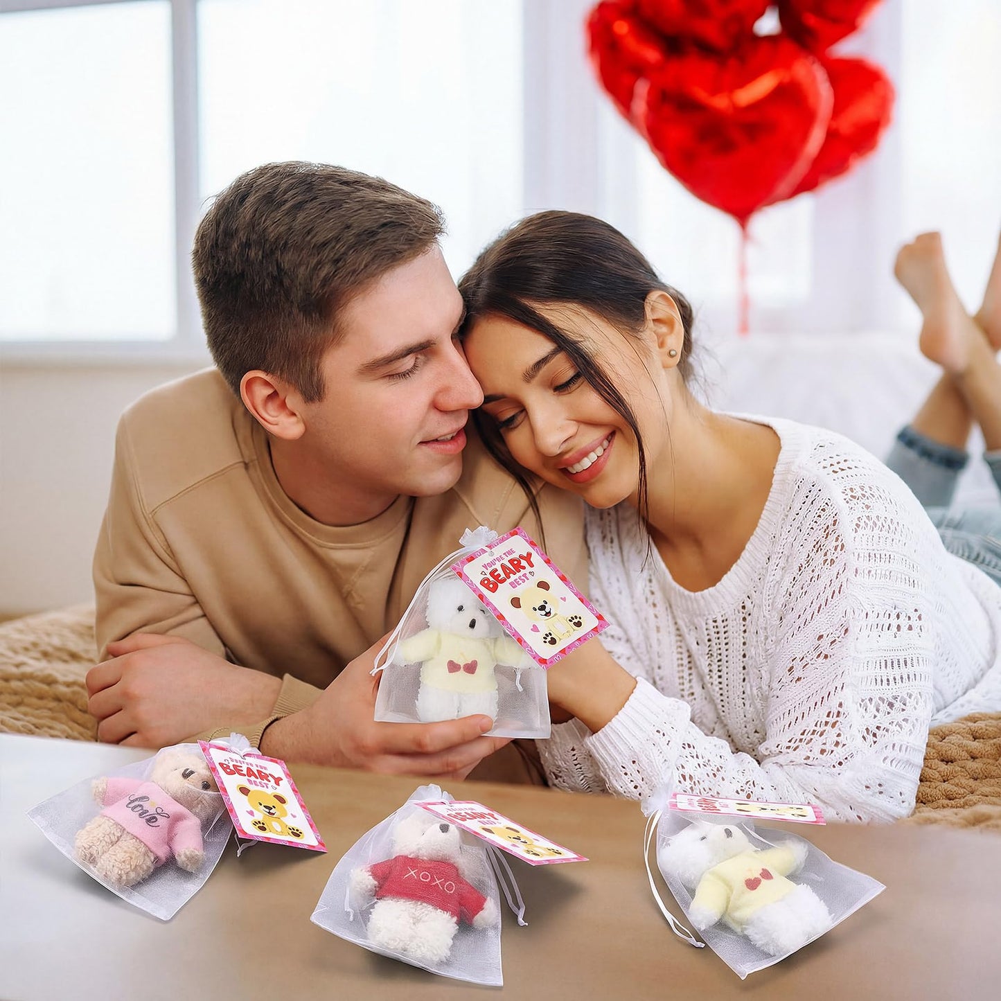 Jenaai 24-Set Valentine’s Day Mini Teddy Bears with Cards & Organza Bags