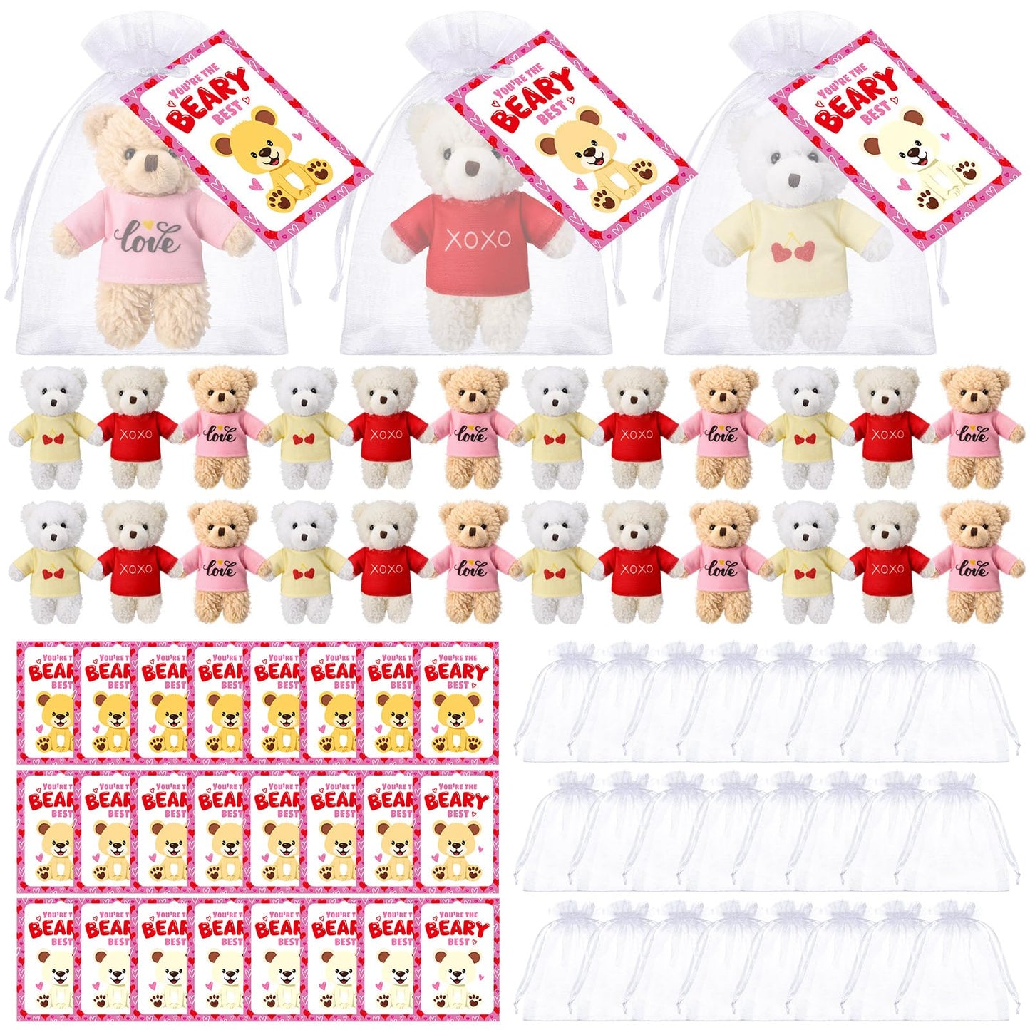 Jenaai 24-Set Valentine’s Day Mini Teddy Bears with Cards & Organza Bags