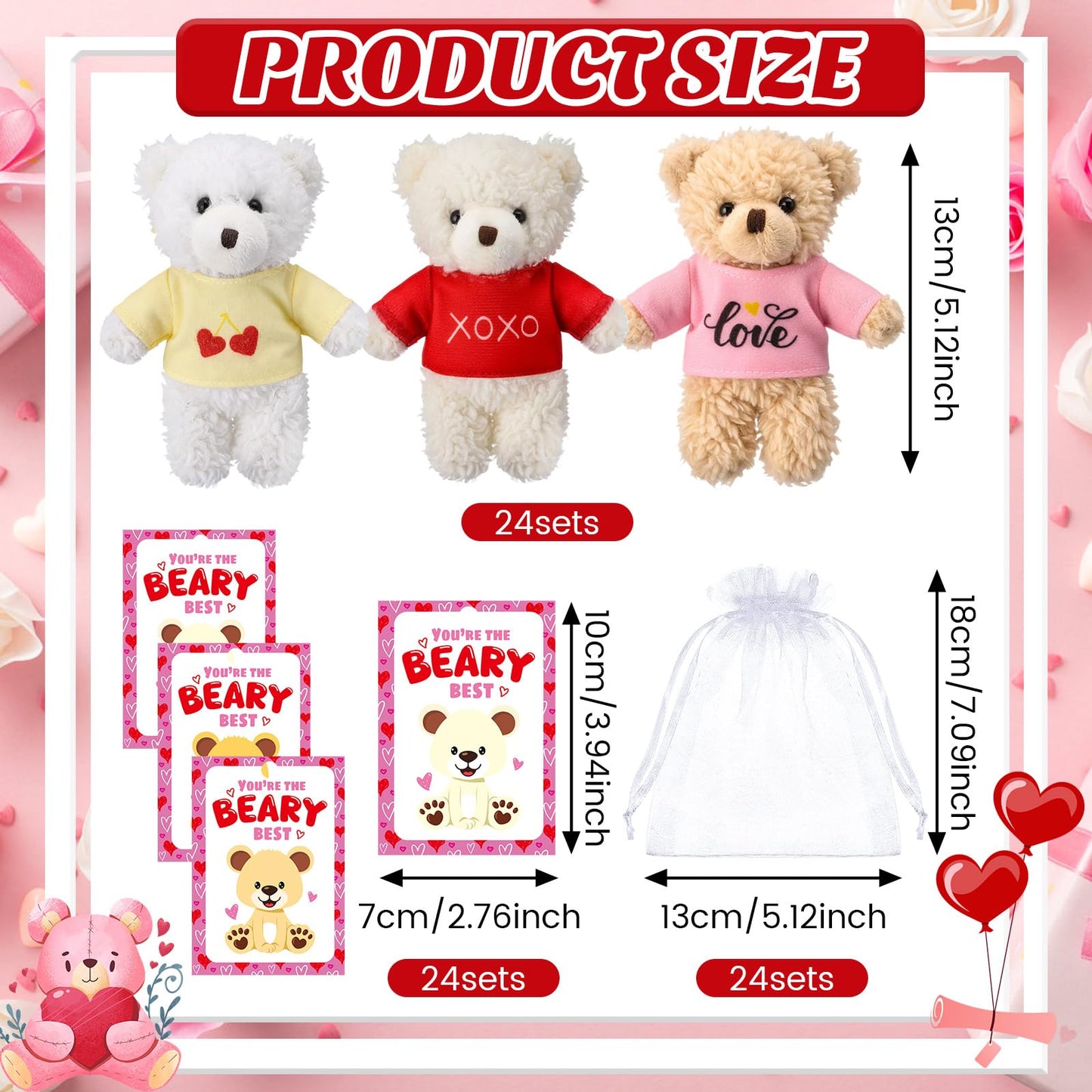 Jenaai 24-Set Valentine’s Day Mini Teddy Bears with Cards & Organza Bags