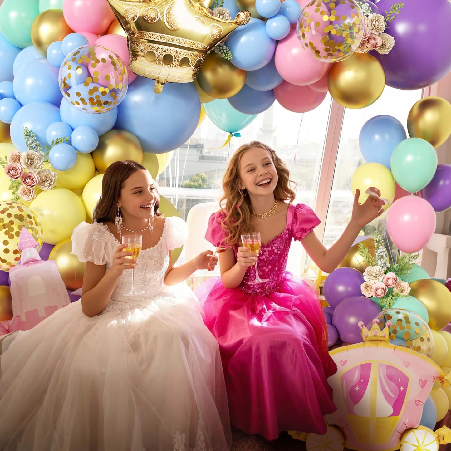 Jenlion 102pc Princess Balloon Garland Arch Kit – Pink Castle & Gold Crown, Pastel Macaron Colors