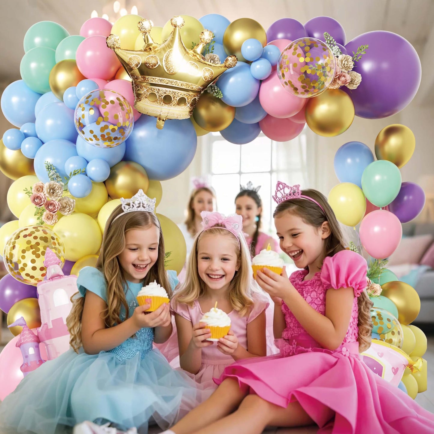 Jenlion 102pc Princess Balloon Garland Arch Kit – Pink Castle & Gold Crown, Pastel Macaron Colors
