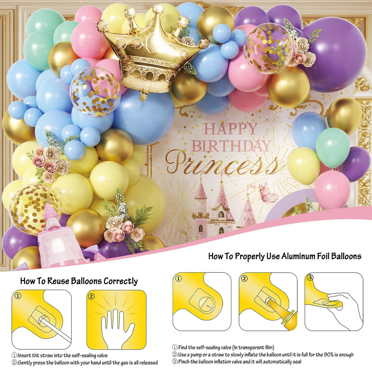 Jenlion 102pc Princess Balloon Garland Arch Kit – Pink Castle & Gold Crown, Pastel Macaron Colors