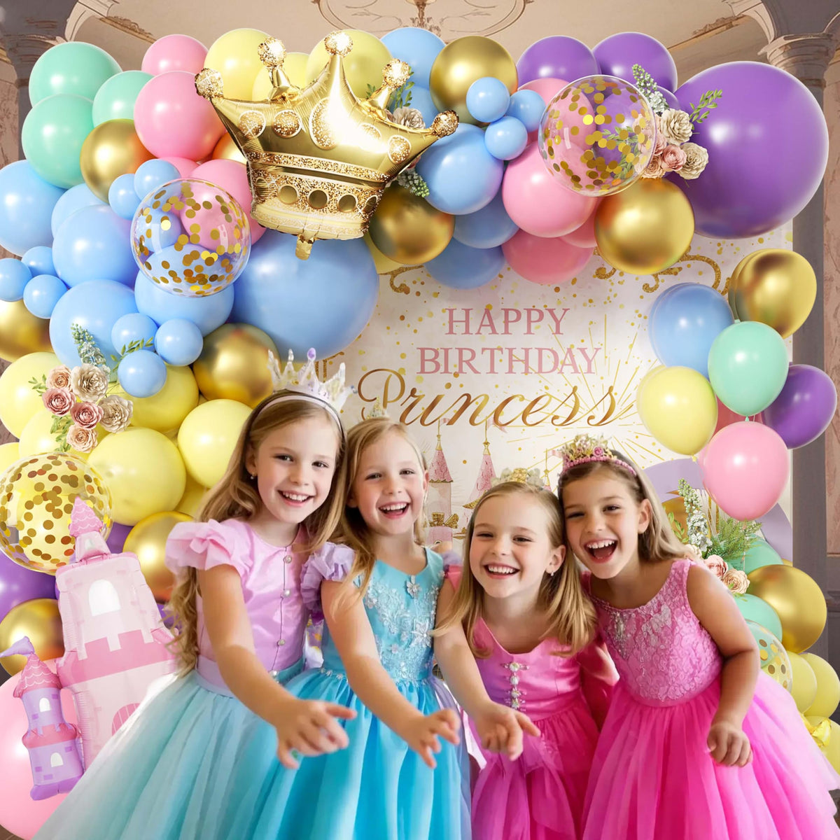 Jenlion 102pc Princess Balloon Garland Arch Kit – Pink Castle & Gold Crown, Pastel Macaron Colors