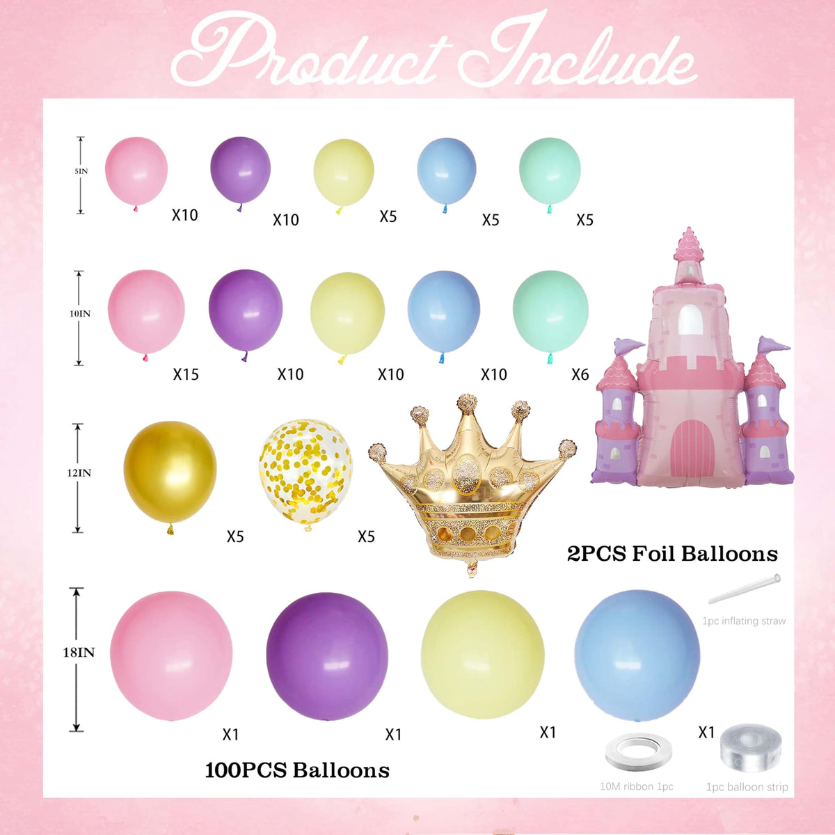Jenlion 102pc Princess Balloon Garland Arch Kit – Pink Castle & Gold Crown, Pastel Macaron Colors