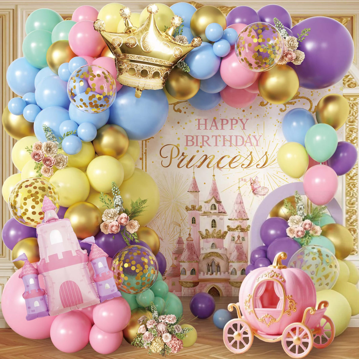 Jenlion 102pc Princess Balloon Garland Arch Kit – Pink Castle & Gold Crown, Pastel Macaron Colors