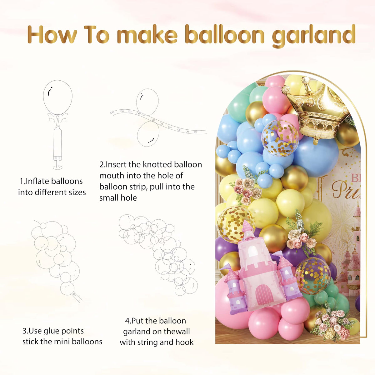 Jenlion 102pc Princess Balloon Garland Arch Kit – Pink Castle & Gold Crown, Pastel Macaron Colors