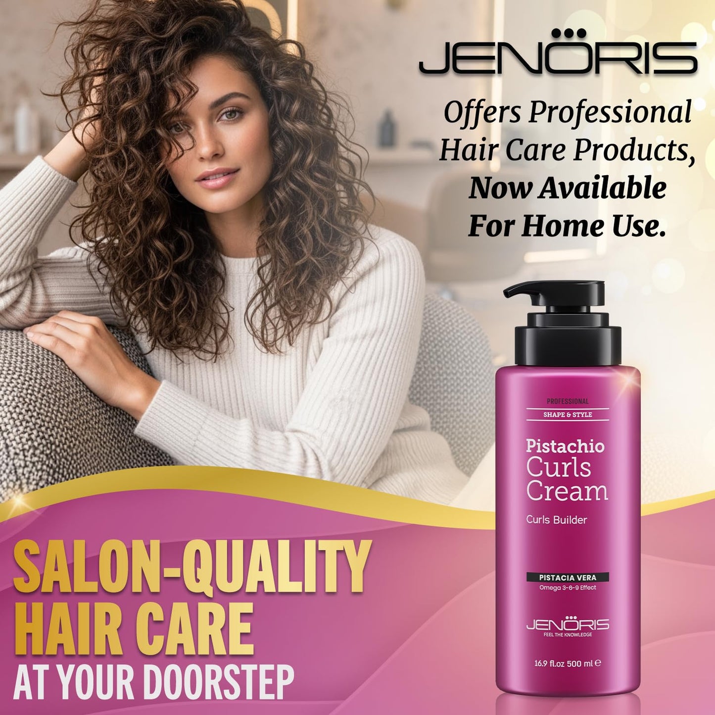 Jenoris Professional Curls Cream – Pistachio Oil Hydration for Defined, Frizz-Free Curls (16.9 fl oz)