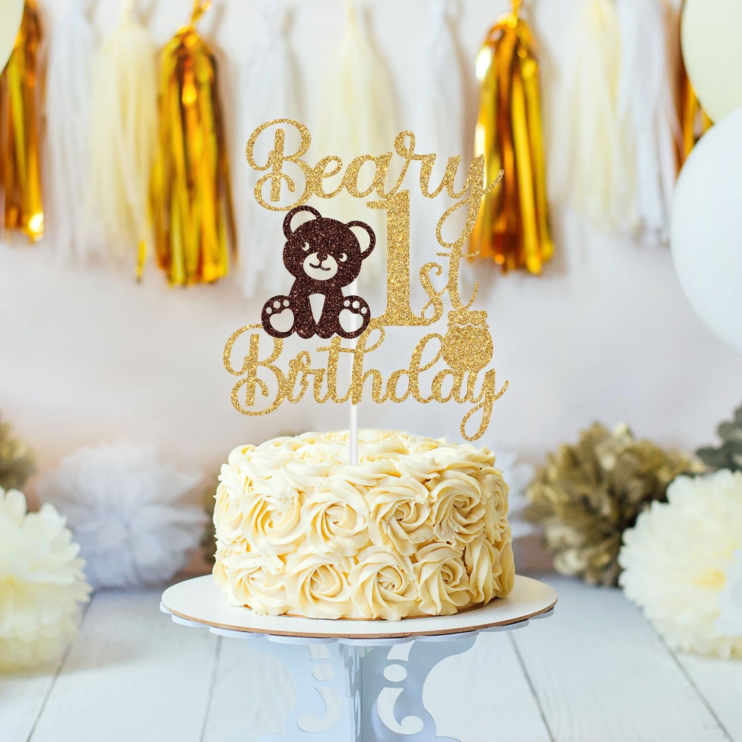 Jenrtvis Beary 1st Birthday Cake Topper – Glittery Bear Party Decoration