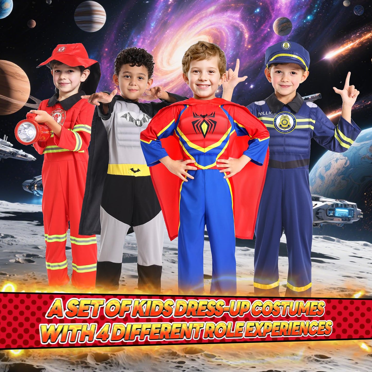 Jeowoqao 4-in-1 Kids Costume Set: Police & Fireman Muscle Chest (3–6)